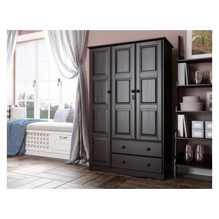 100% Solid Wood 3 Door Grand Armoire With Lock – Transitional – Armoires  And Wardrobes  The Mine | Houzz In Black Wood Wardrobes (View 16 of 20)