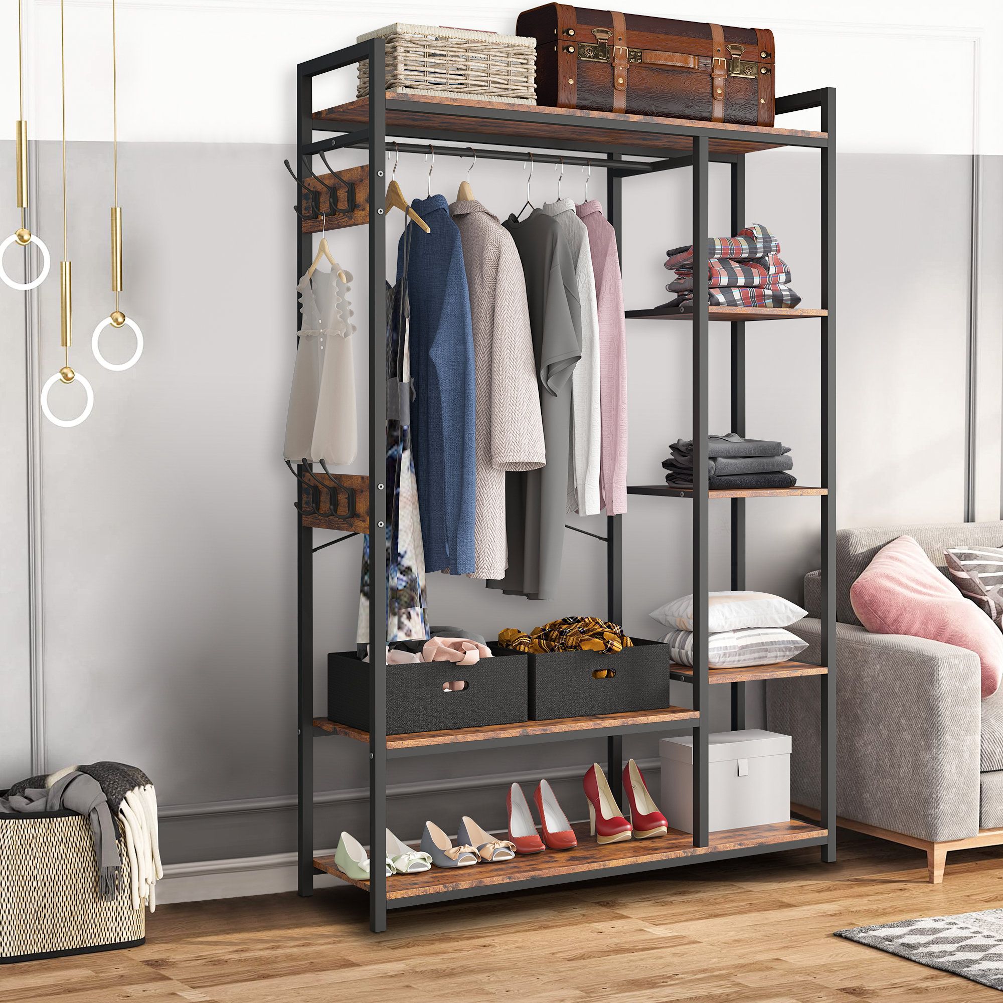 17 Stories 43.7"w Free Standing Closet Organizer With Hooks & Storage Box,  Heavy Duty Clothes Shelf & Reviews | Wayfair In Standing Closet Clothes Storage Wardrobes (Gallery 15 of 20)