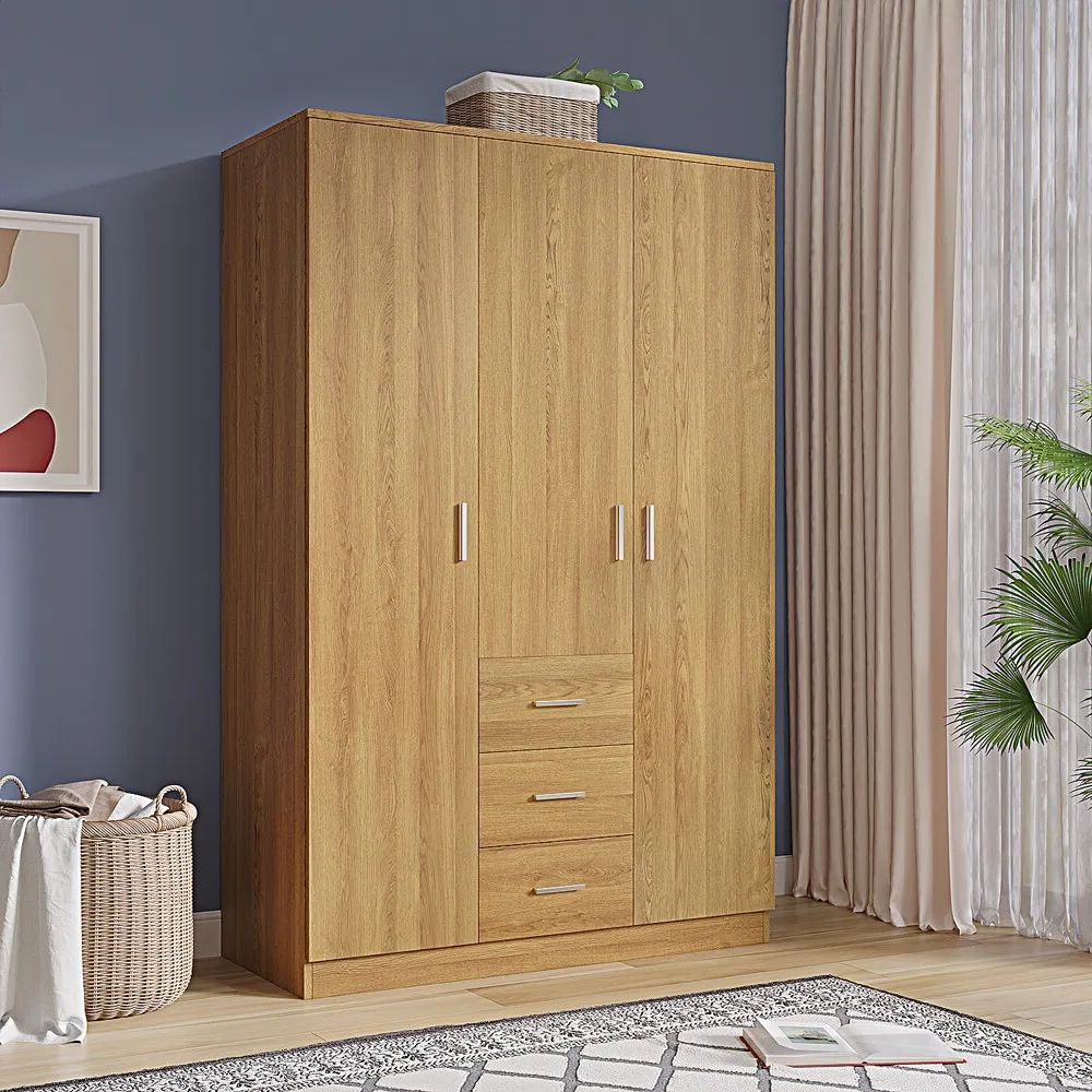 180cm Wooden 3 Door Wardrobe With 3 Drawers Bedroom Storage Hanging Bar  Clothes | Ebay Inside Oak 3 Door Wardrobes (View 14 of 20)