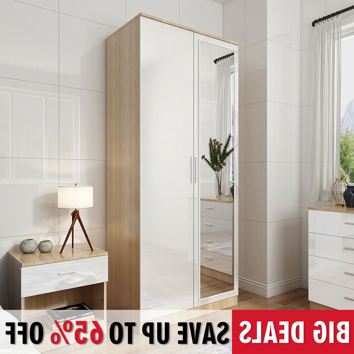 2 Door Wardrobe With Mirror High Gloss Large Storage 4 Colors Cupboard  Furniture | Ebay Regarding Single White Wardrobes With Mirror (View 10 of 20)