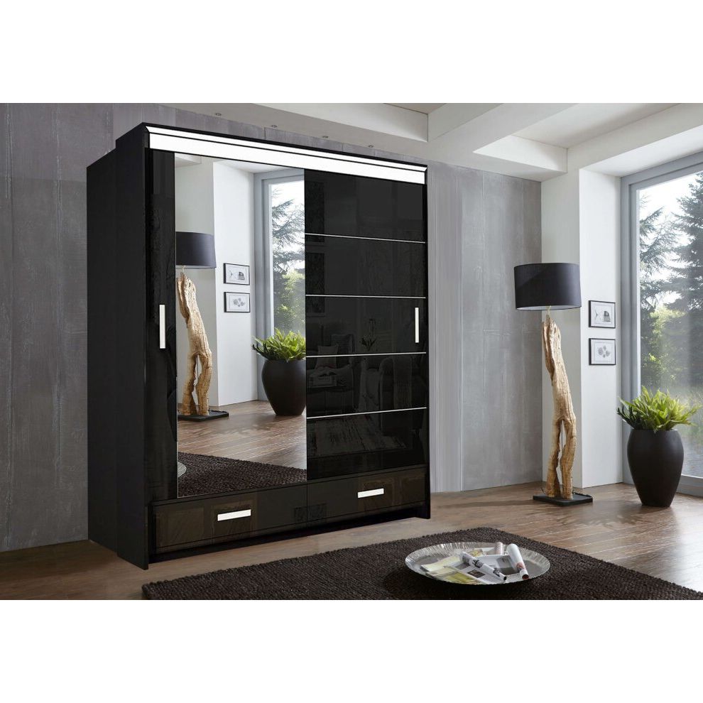 205 Cm, Black) Florence High Gloss Sliding Door Wardrobe On Onbuy With Gloss Black Wardrobes (Gallery 15 of 20)