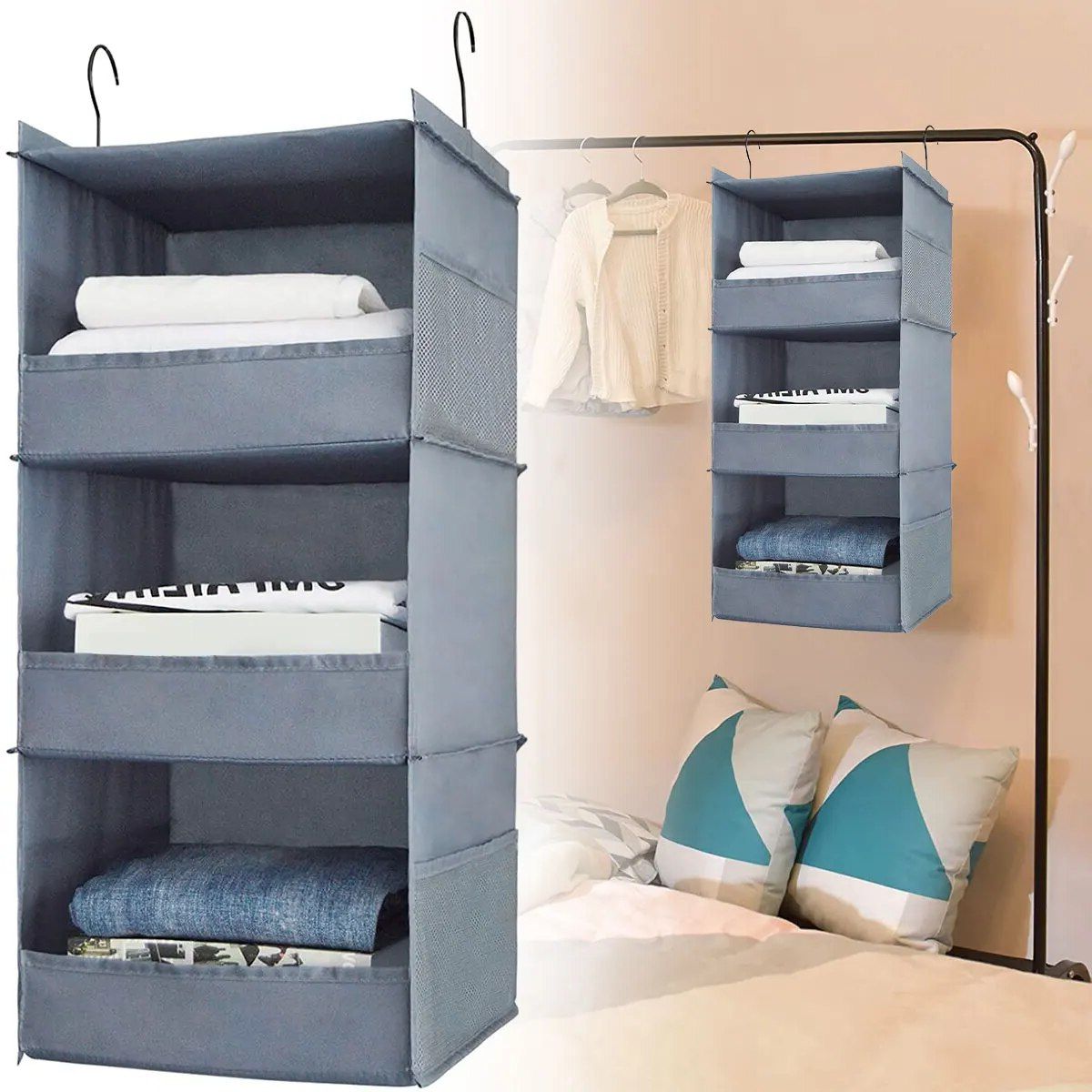 3/4 Tier Hanging Wardrobe Organizer Collapsible Closet Hanging Shelves With  Side Pocket Sturdy Durable Hanging Closet Organizers – Aliexpress Within 3 Shelf Hanging Shelves Wardrobes (View 14 of 20)