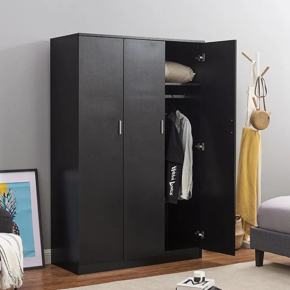 3 Door Triple Wardrobe Black – Bedroom Furniture W Hanging Rail &  Storage Shelf | Ebay In Black 3 Door Wardrobes (View 3 of 20)