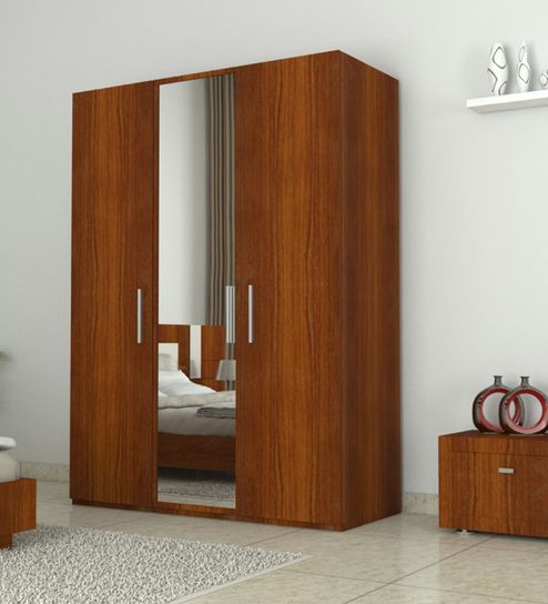 3 Doors Wardrobe With Mirror In Bird Cherry Finish | Rawat Furniture Intended For Three Door Wardrobes With Mirror (View 2 of 20)