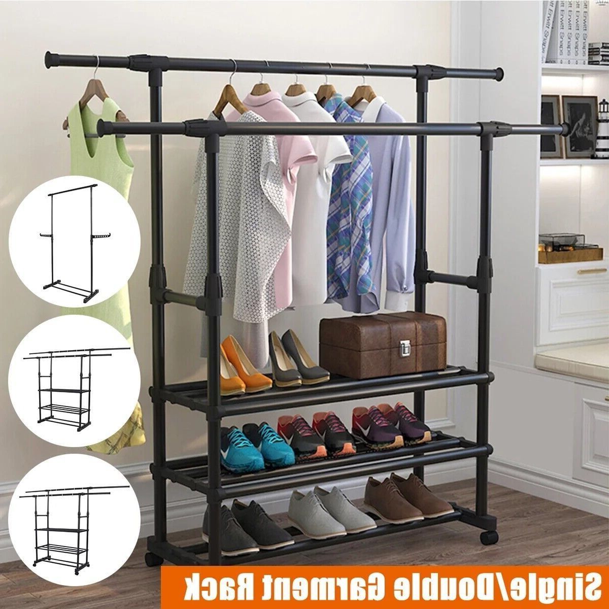 3 Tiers Double Rails Hanging Garment Rack On Wheels With Bottom Shelves For  Shoes, Rolling Clothes Rack, Clothing Rack For Hanging Clothes, Black –  Walmart With Double Up Wardrobes Rails (View 5 of 20)