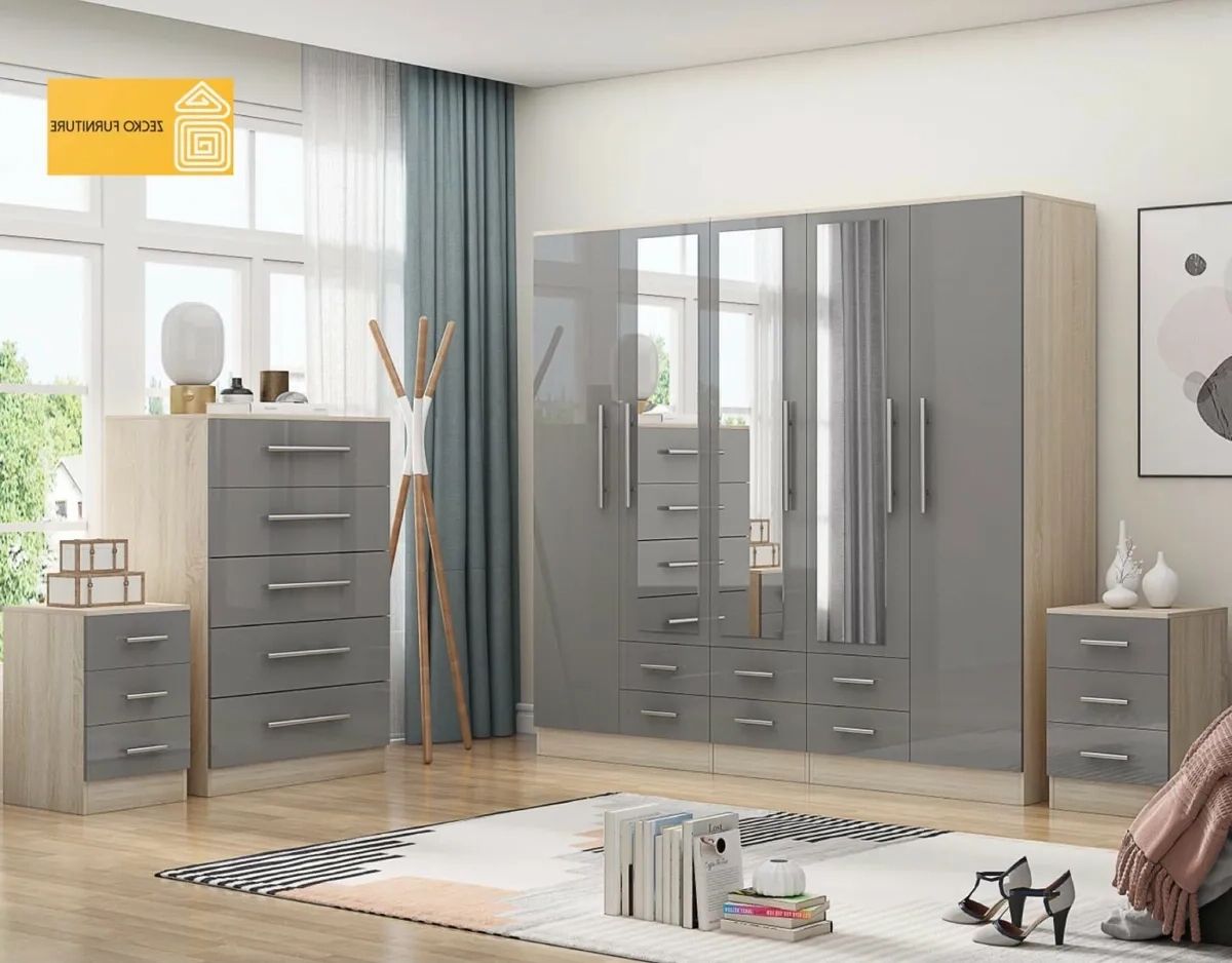 5 Door Bedroom Set, Wardrobe, Chest, 2 X Bedside Drawer, Grey High Gloss |  Ebay Within 5 Door Wardrobes Bedroom Furniture (View 4 of 20)