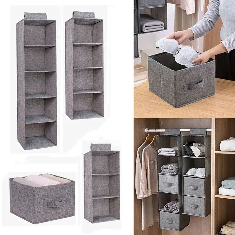 5 Tier Wardrobe Cabinet Organizer – Grey Cotton Closet Hanging Pocket  Drawer | Ebay Intended For 5 Tiers Wardrobes (View 4 of 20)