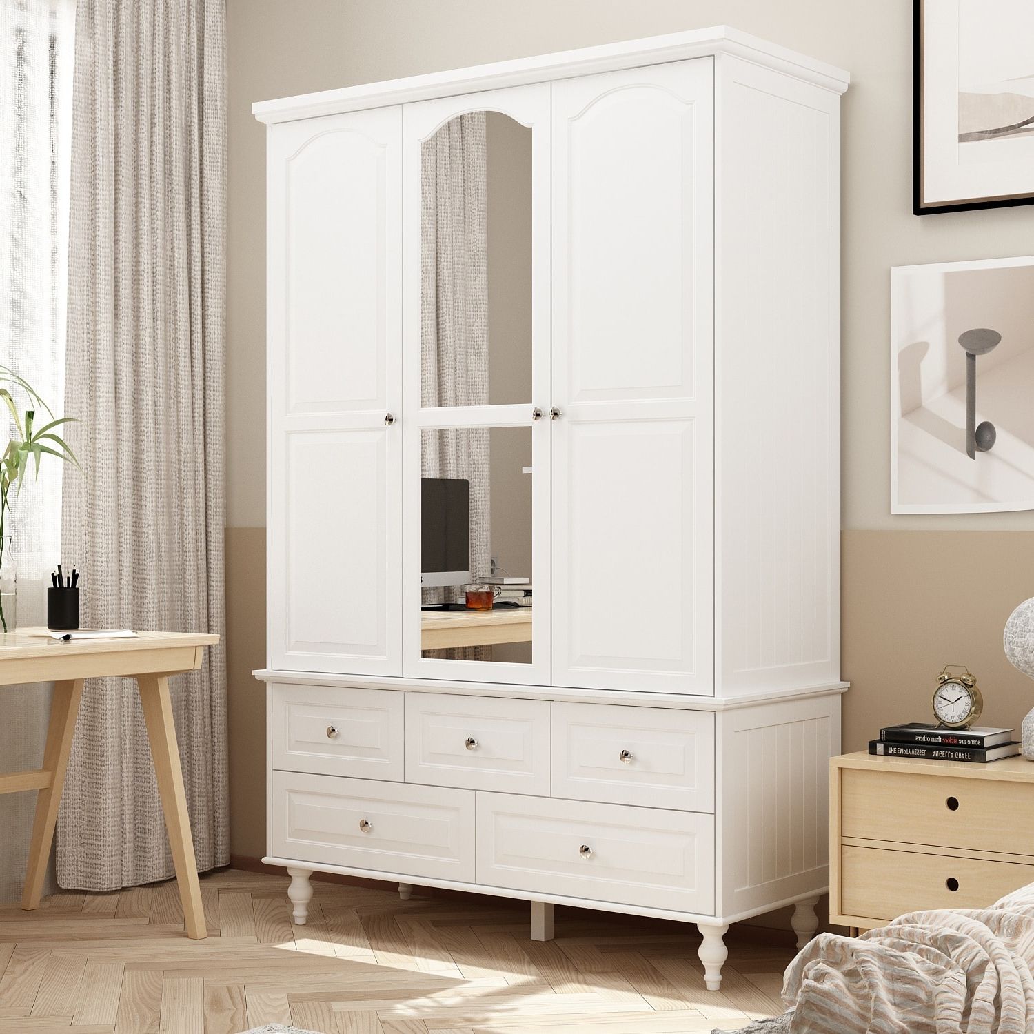 70.9"h White Lacquered Armoires Wardrobes With Mirror Doors – Bed Bath &  Beyond – 36679383 For White Wardrobes With Drawers And Mirror (Gallery 8 of 20)