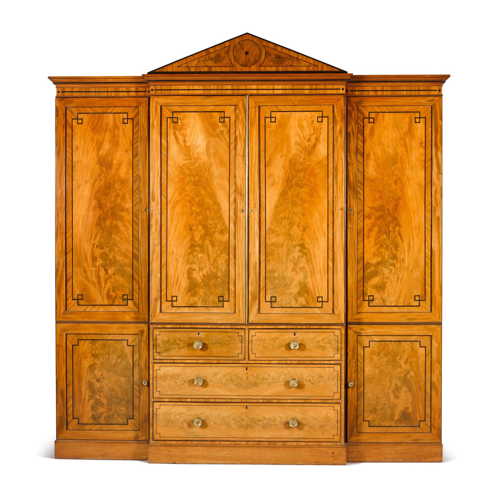 A Regency Mahogany And Ebony Strung Breakfront Wardrobe, Early 19th Century  | Kenneth Neame: Cadogan Square And Mayfair | 2022 | Sotheby's Inside Georgian Breakfront Wardrobes (View 17 of 20)