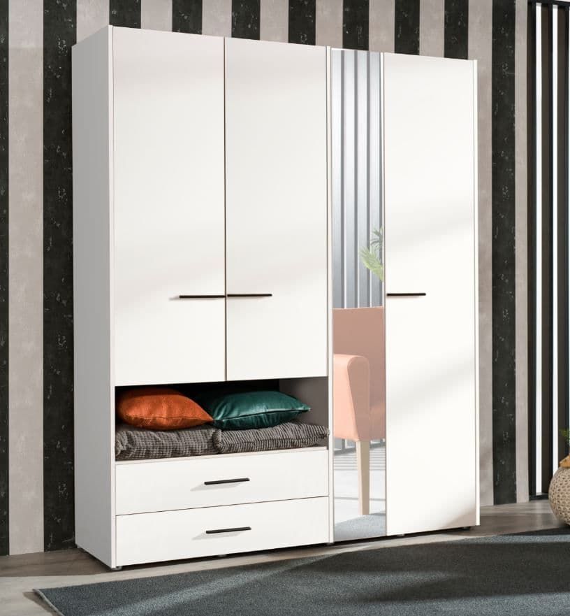 Althena 4 Door White Wardrobe With An Open Shelf And Drawers Intended For 4 Door Wardrobes With Mirror And Drawers (View 9 of 20)