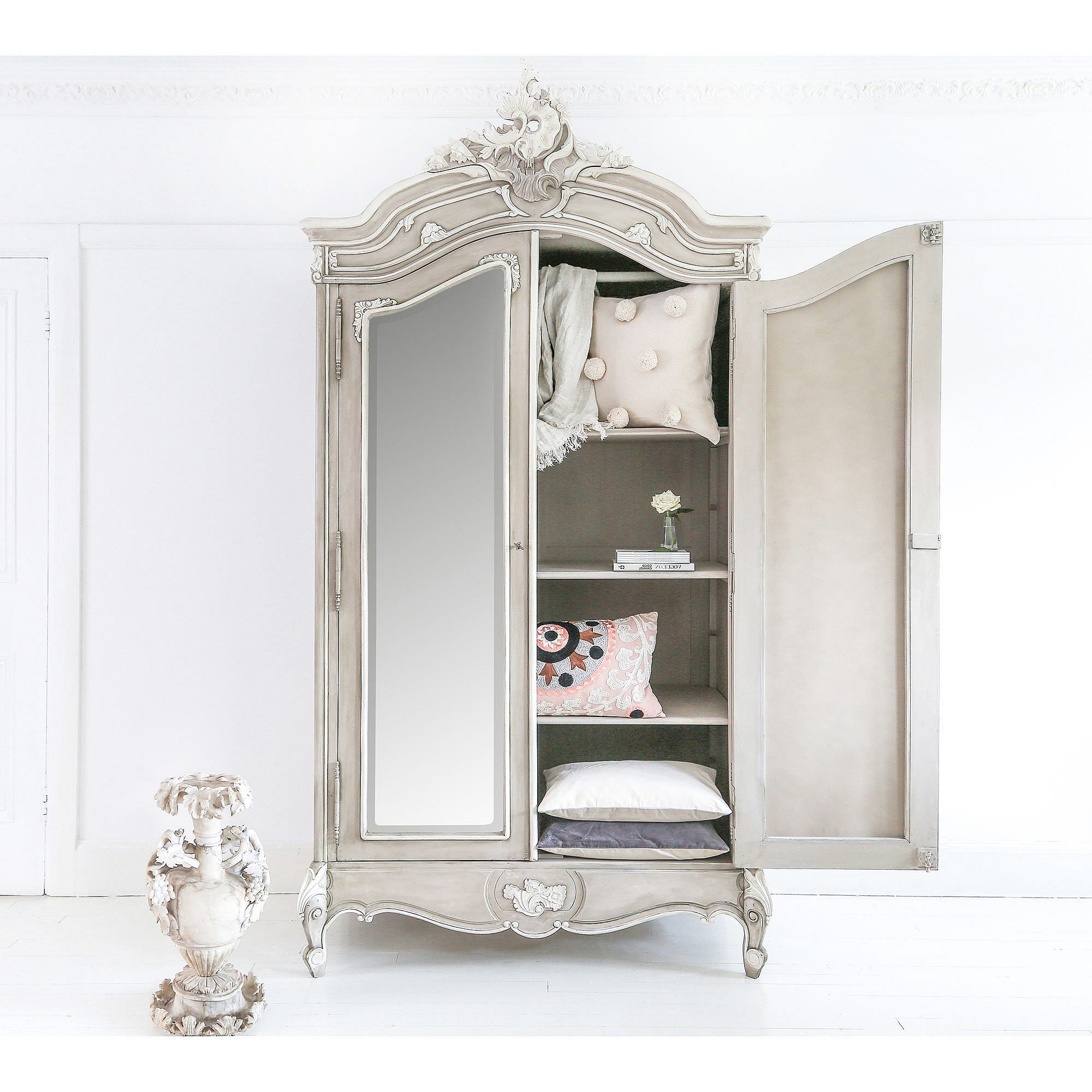 Amour 2 Door Mirror Fronted French Armoire | Fawn Grey Mirror Fronted French  Style Handmade Armoire With French Style Armoires Wardrobes (Gallery 20 of 20)