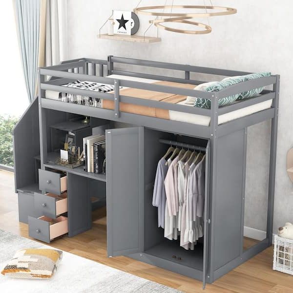 Angel Sar Gray Twin Size Loft Bed With Wardrobe And Staircase, Desk And  Storage Drawers And Cabinet In 1 Ad000239 – The Home Depot Inside High Sleeper Bed With Wardrobes (Gallery 3 of 20)