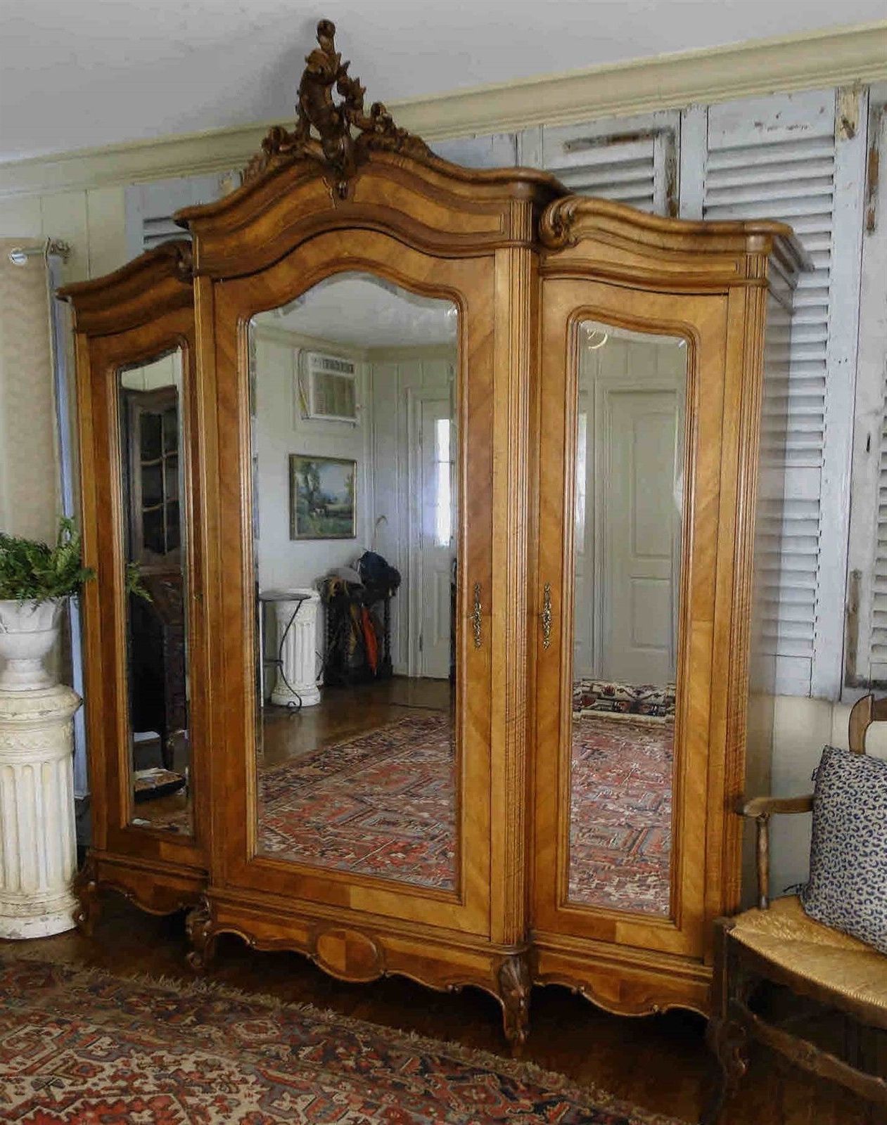 Antique French Armoire Wardrobe 3 Mirrored Doors Wkey Walnut Keys Intended For Vintage French Wardrobes (View 12 of 20)