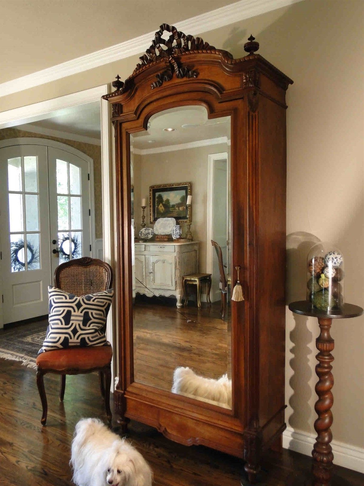 Antique French Armoire Wardrobe Bow Carving Mirrored Door Key Fitted Inside Throughout French Style Armoires Wardrobes (View 13 of 20)