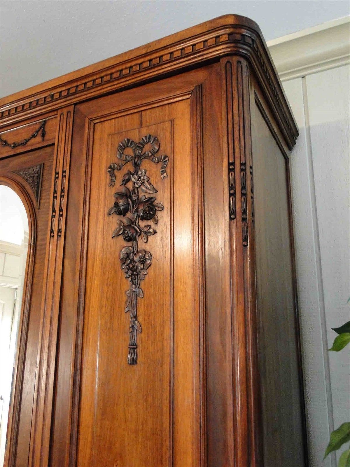 Antique French Armoire Wardrobe Large Beveled Mirror 3 Door Walnut Floral  Carved Throughout Armoire French Wardrobes (Gallery 13 of 20)