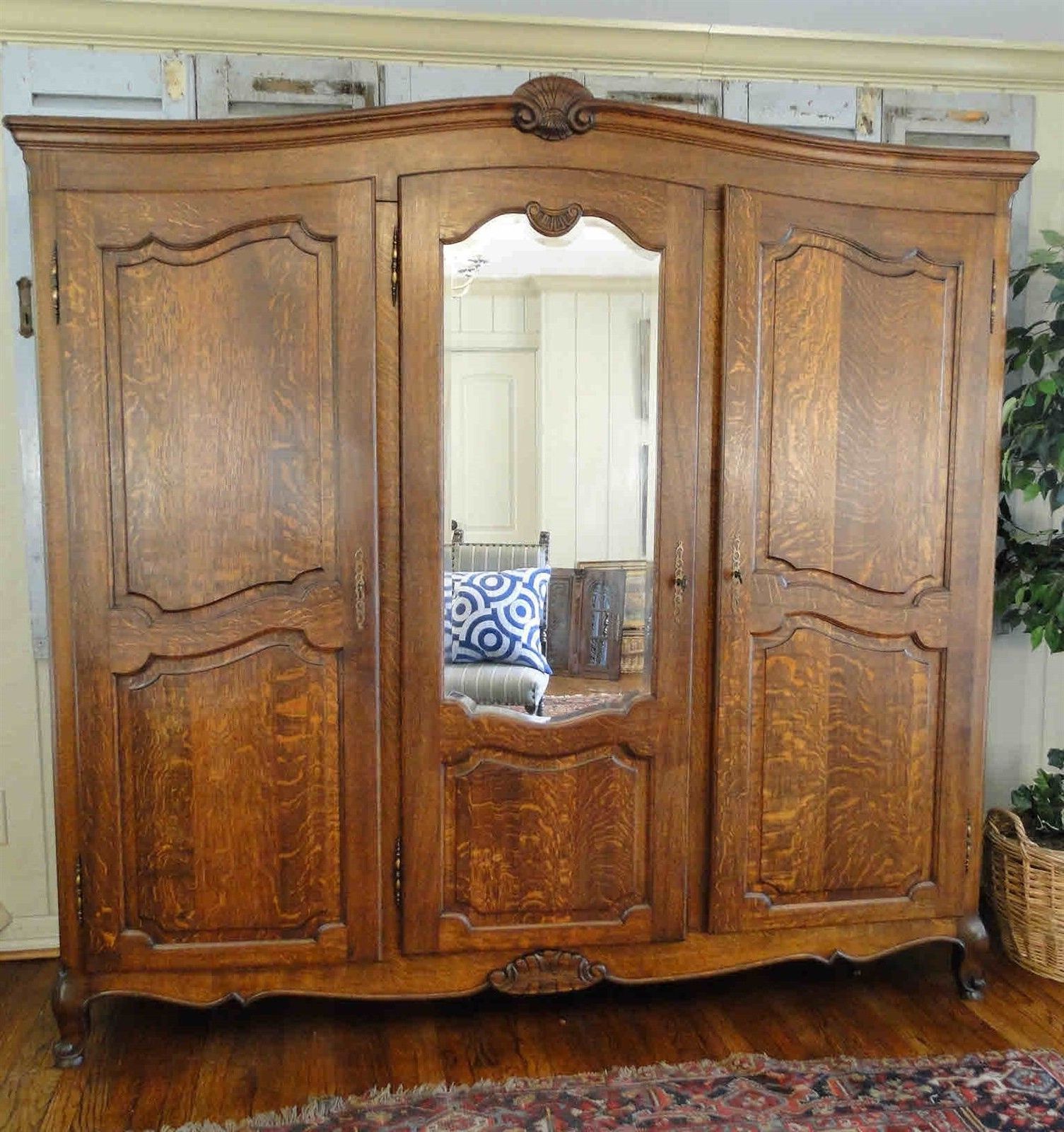 Antique French Country Wardrobe Armoire 3 Door Shelves Hanging Rod Mirror  Carved In Wardrobes With 3 Hanging Rod (View 18 of 20)