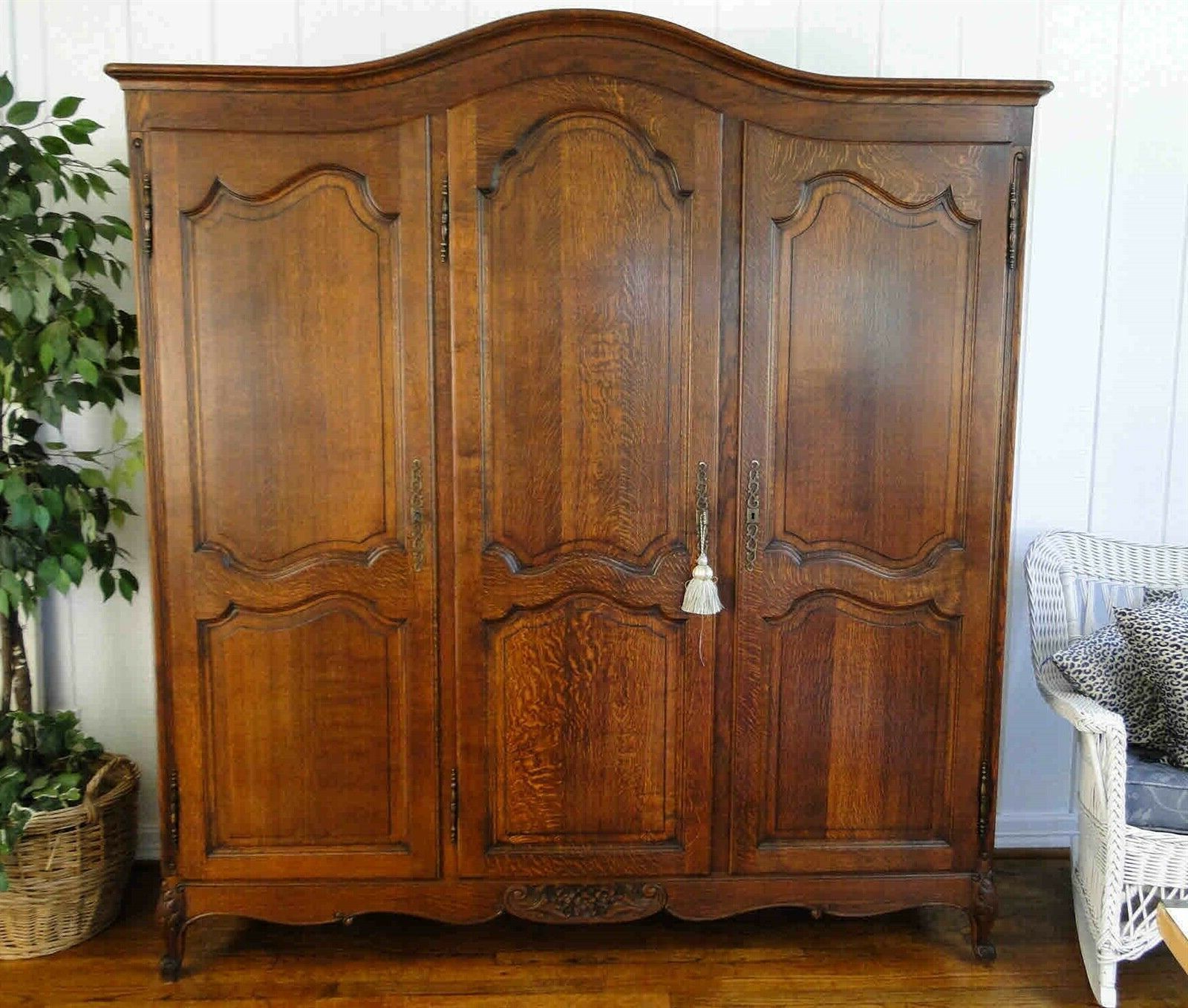 Antique French Country Wardrobe Tiger Oak Armoire 3 Door Shelves Hanging Rod Inside 3 Door French Wardrobes (View 12 of 20)