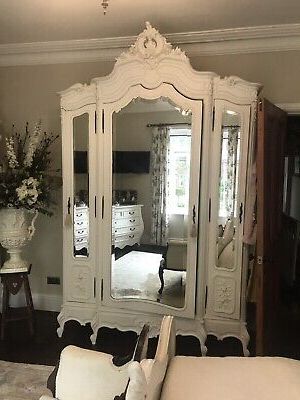 Antique Large French Louis Style Armoire Wardrobe With 3 Mirrored Doors |  Ebay Pertaining To French Armoires And Wardrobes (Gallery 13 of 20)