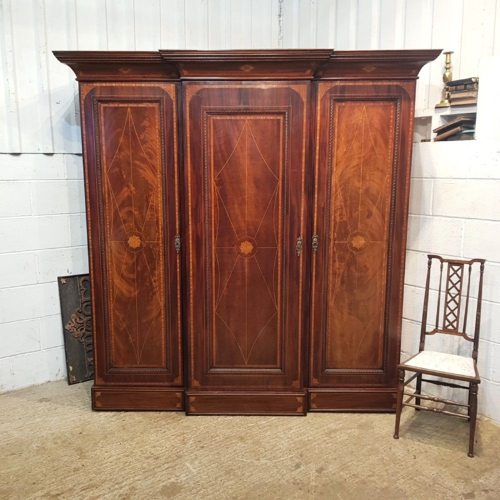 Antique Late Victorian Regency Inlaid Mahogany Triple Breakfront Wardrobe  C1890 | 853213 | Www.castleforgeantiques.co (View 11 of 20)