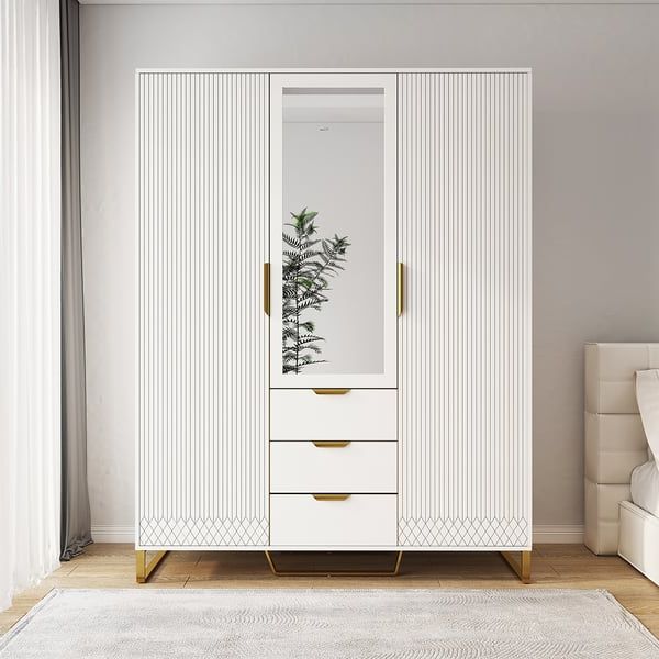 Aro Modern 3 Door Mirrored Armoire With Shelves & Drawers Tall Wardrobe  With Storage Homary Inside Tall Wardrobes (Gallery 17 of 20)