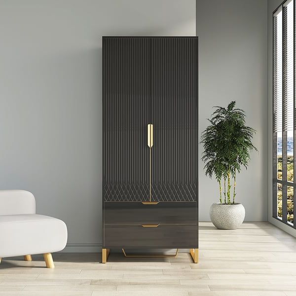 Aro Modern Black Tall Wardrobe With Storage Bedroom Clothing Armoire Homary Pertaining To Black Wood Wardrobes (View 4 of 20)