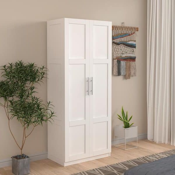 Athmile White High Wardrobe And Kitchen Cabinet With 2 Doors And  3 Partitions Gz B2w20220713 – The Home Depot With Tall Wardrobes (Gallery 1 of 20)
