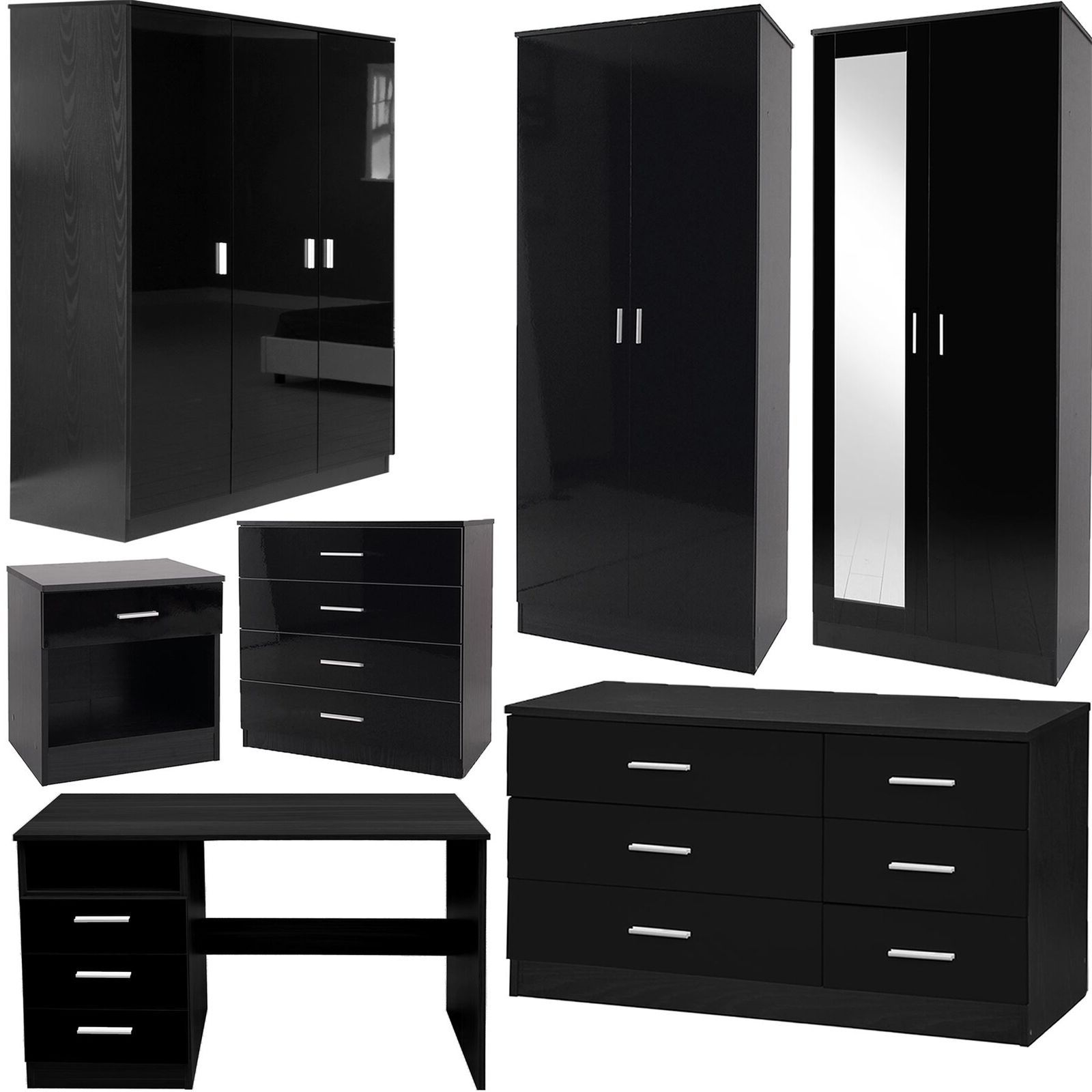 Bedroom Furniture 3 Piece Set Black Gloss Wardrobe Drawer Bedside Chest  Table | Ebay Within Cheap Black Gloss Wardrobes (View 13 of 20)
