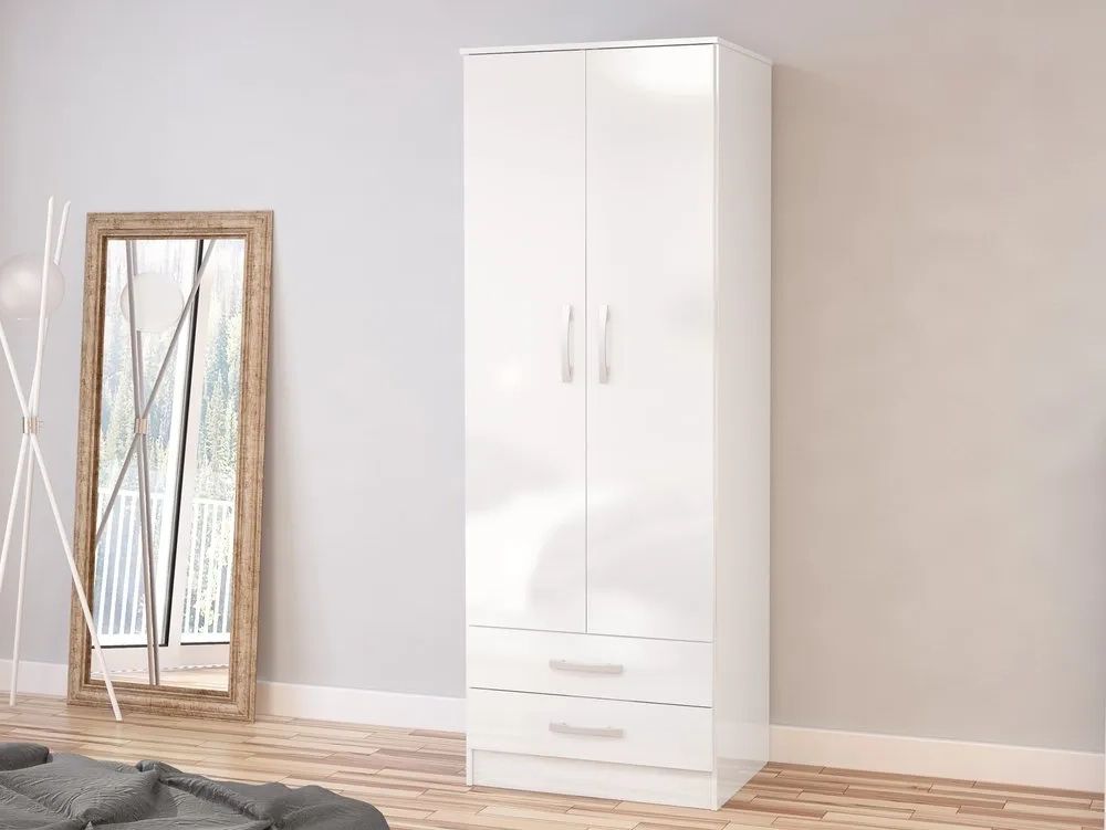 Birlea Lynx White High Gloss 2 Door 2 Drawer Double Wardrobe Pertaining To High Gloss Doors Wardrobes (Gallery 10 of 20)