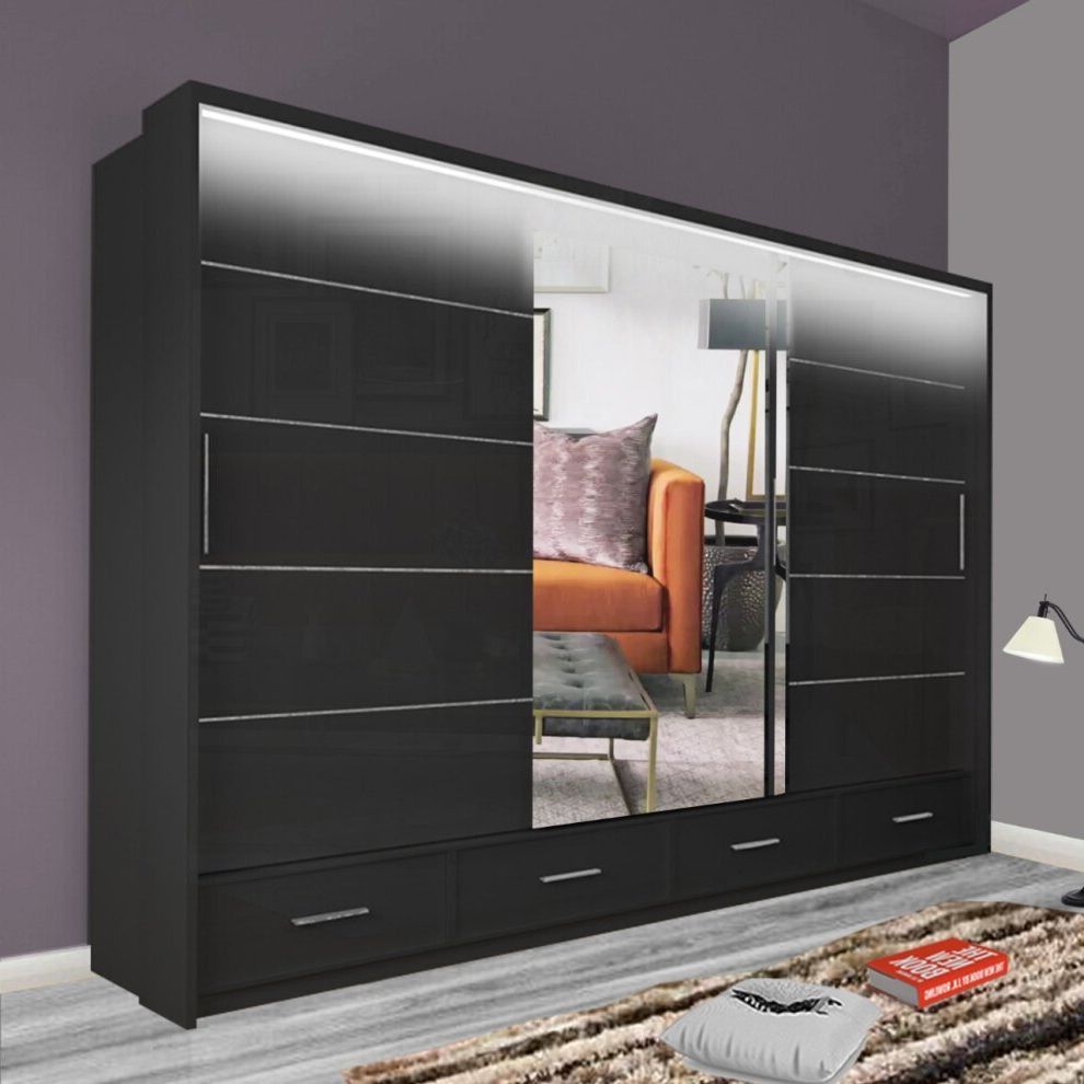 Black, 255cm) Sycyila High Gloss And Mirror Sliding Bedroom Wardrobes On  Onbuy Throughout Gloss Black Wardrobes (View 6 of 20)