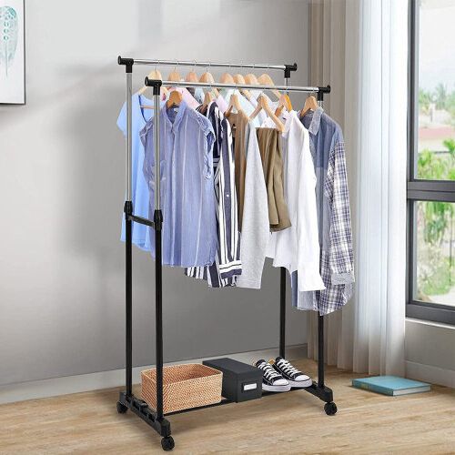Black Adjustable Double Clothes Rail | Garment Hanging Stand On Wheels On  Onbuy With Regard To Double Black Covered Tidy Rail Wardrobes (View 11 of 20)