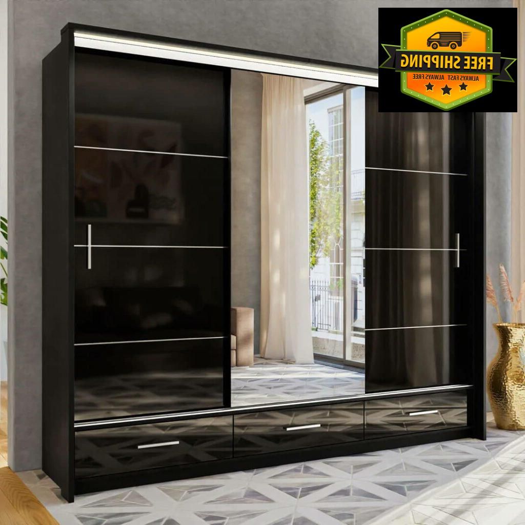 Black Gloss Wardrobe With 3 Mirror Sliding Doors  Marsylia 255cm – Bed  Knight Intended For Black Shiny Wardrobes (View 14 of 20)