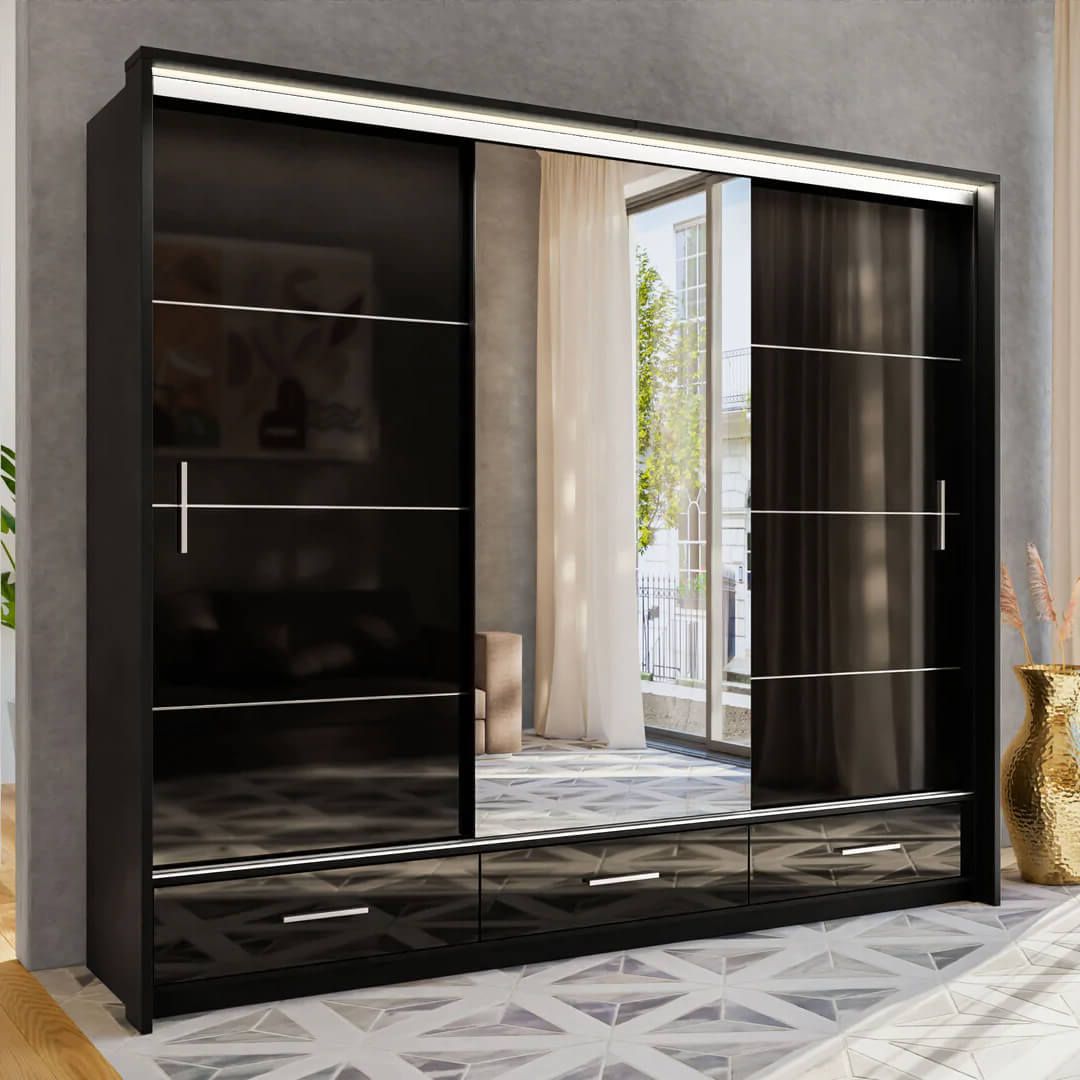 Black Gloss Wardrobe With 3 Mirror Sliding Doors  Marsylia 255cm Pertaining To Black Gloss 3 Door Wardrobes (View 11 of 20)
