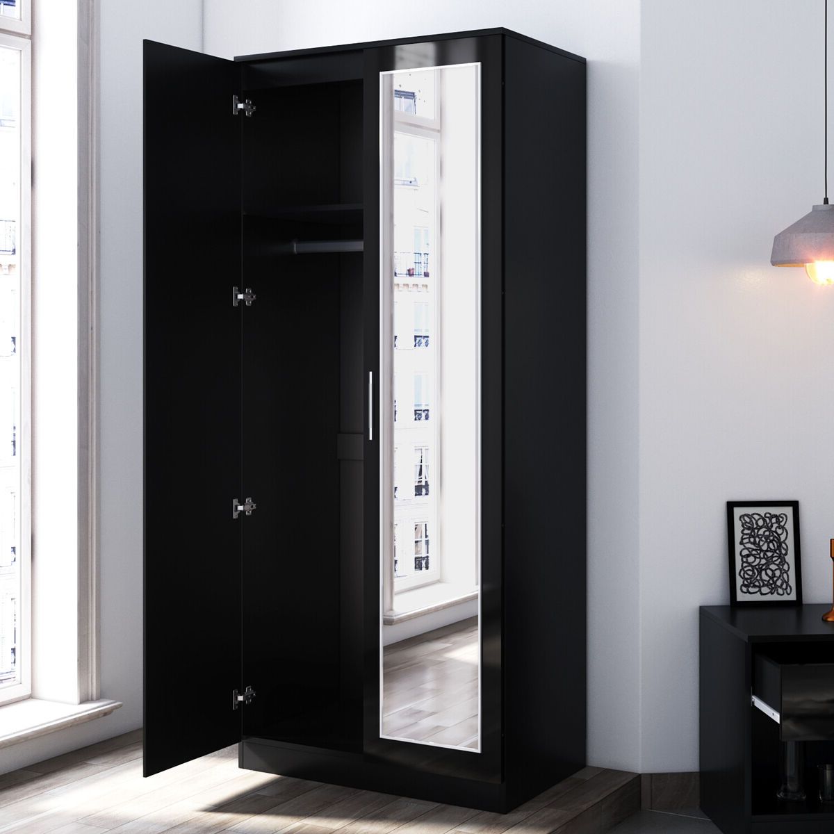 Black High Gloss 2 Doors Wardrobe Bedroom Furniture Storage With Hanging  Rail | Ebay Intended For Double Black Covered Tidy Rail Wardrobes (View 6 of 20)