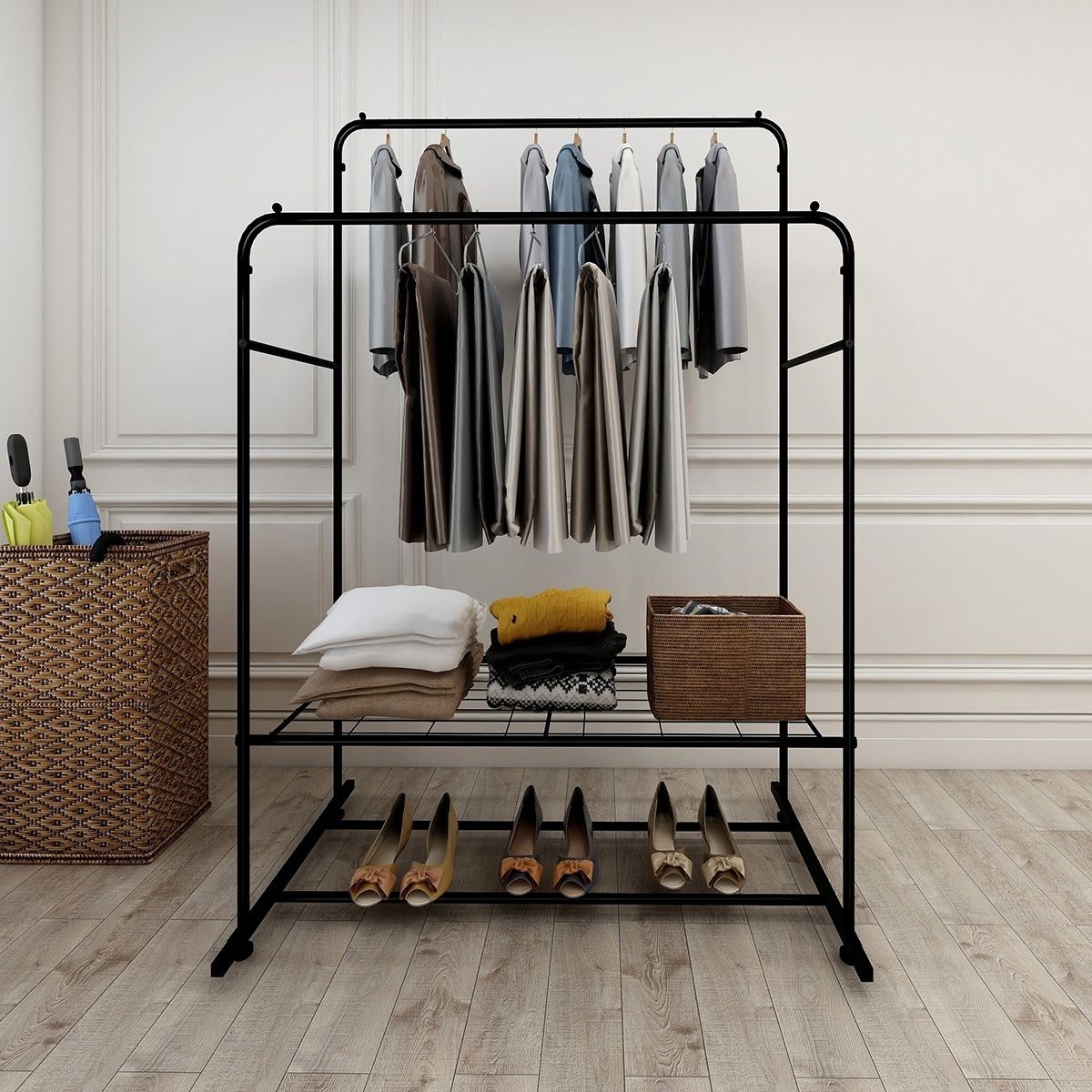 Black Metal Free Standing Closet Organizer Double Hanging Rod Clothes  Garment Racks – On Sale – Bed Bath & Beyond – 34841250 Inside Double Hanging Rail For Wardrobes (View 18 of 20)