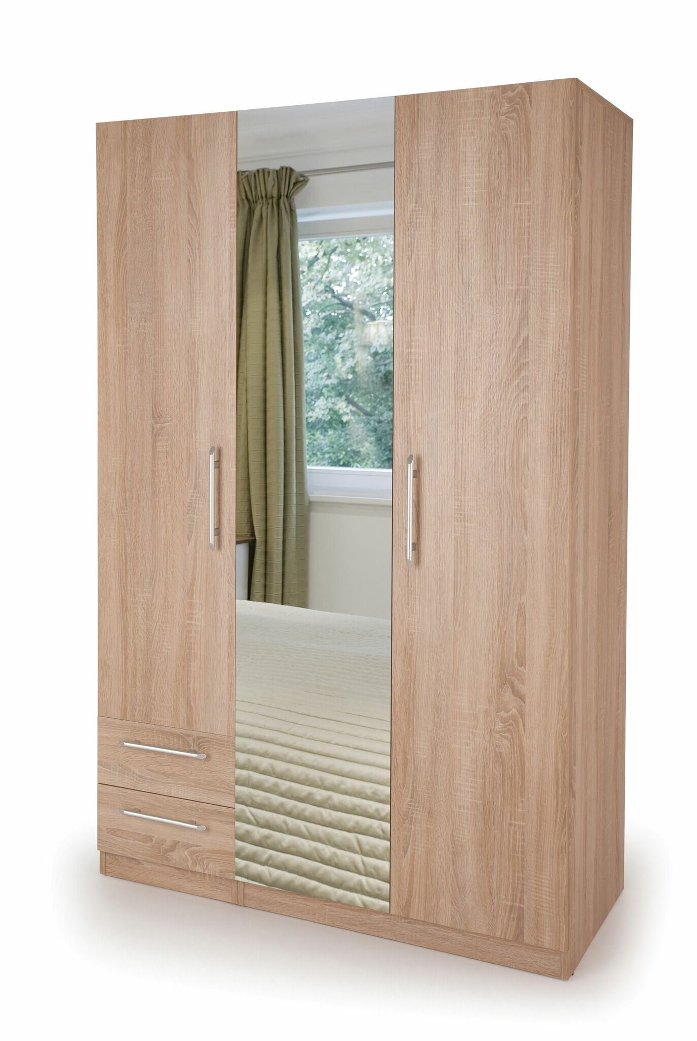 Brayden Studio Houghtaling 3 Door Wood Wardrobe & Reviews | Wayfair.co.uk Throughout Wardrobes 3 Door With Mirror (Gallery 16 of 20)
