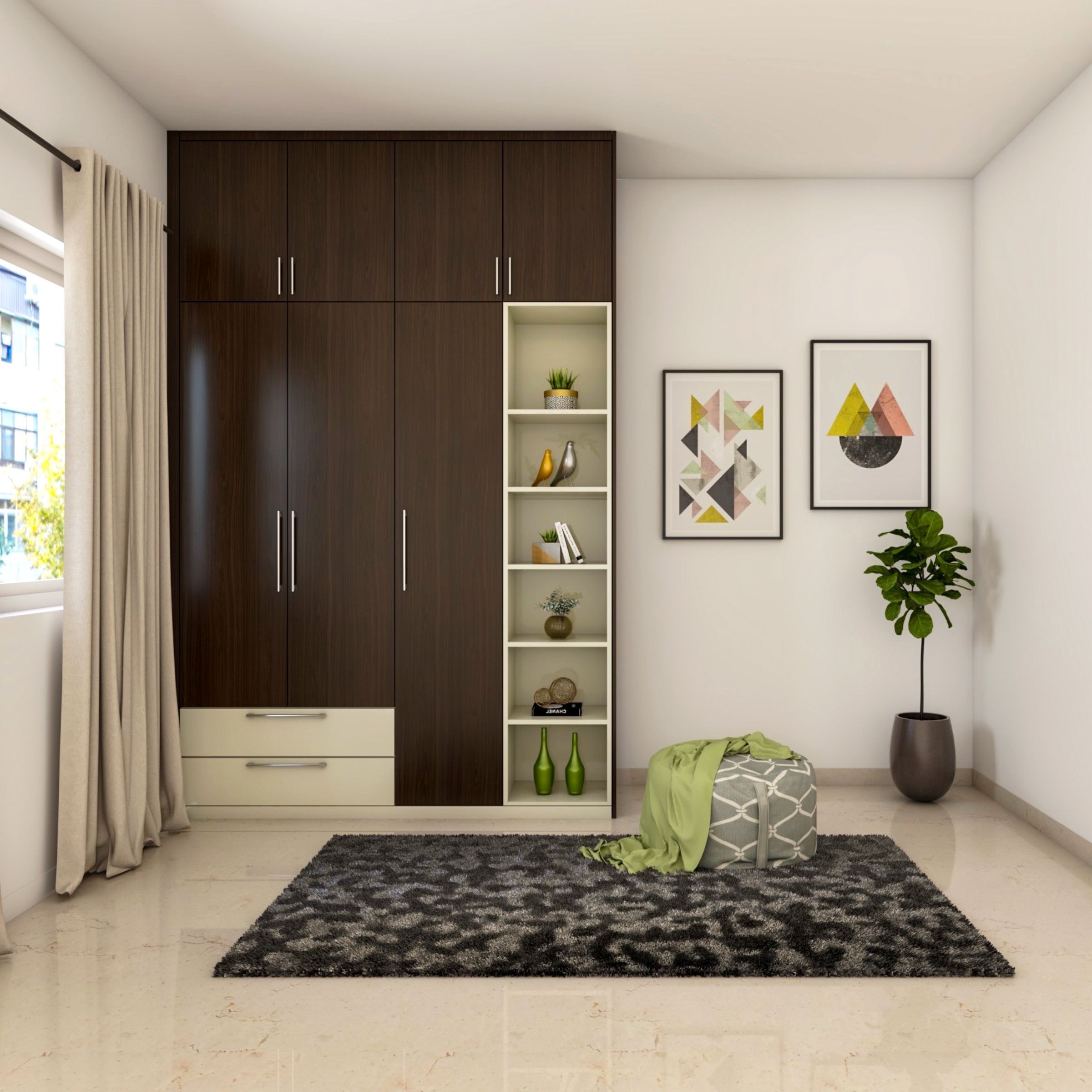 Brown And Cream Hinged Modern Wardrobe Design With Loft And Drawers |  Livspace Inside Brown Wardrobes (View 7 of 20)