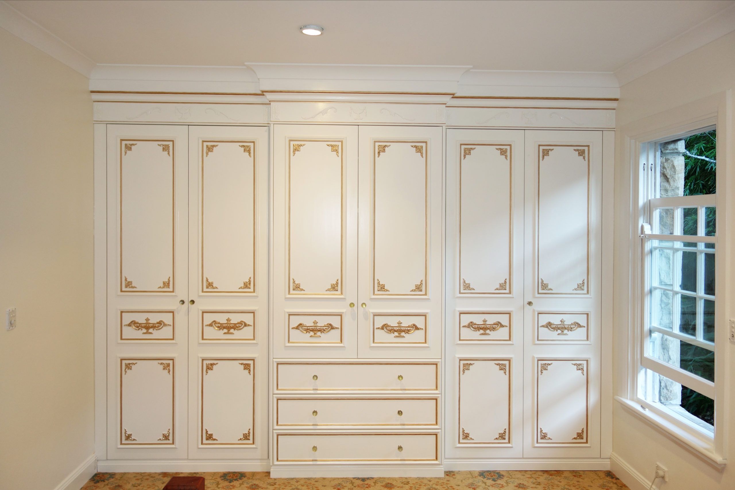 Built In Antique White Wardrobe With Gold Mouldings – Christophe Living Within Antique White Wardrobes (View 15 of 20)
