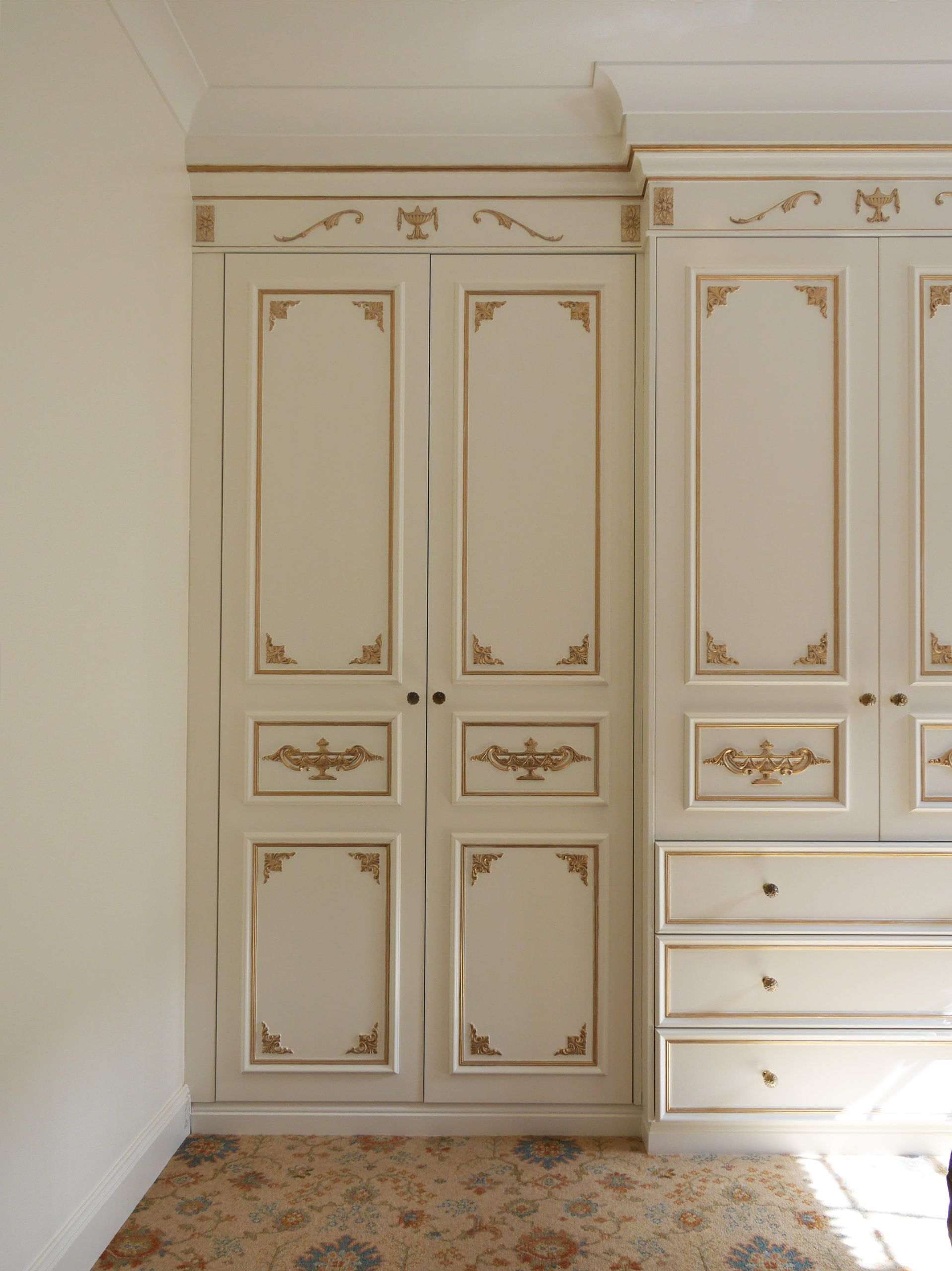Built In Antique White Wardrobe With Gold Mouldings Detail – Christophe  Living Pertaining To Antique White Wardrobes (View 11 of 20)