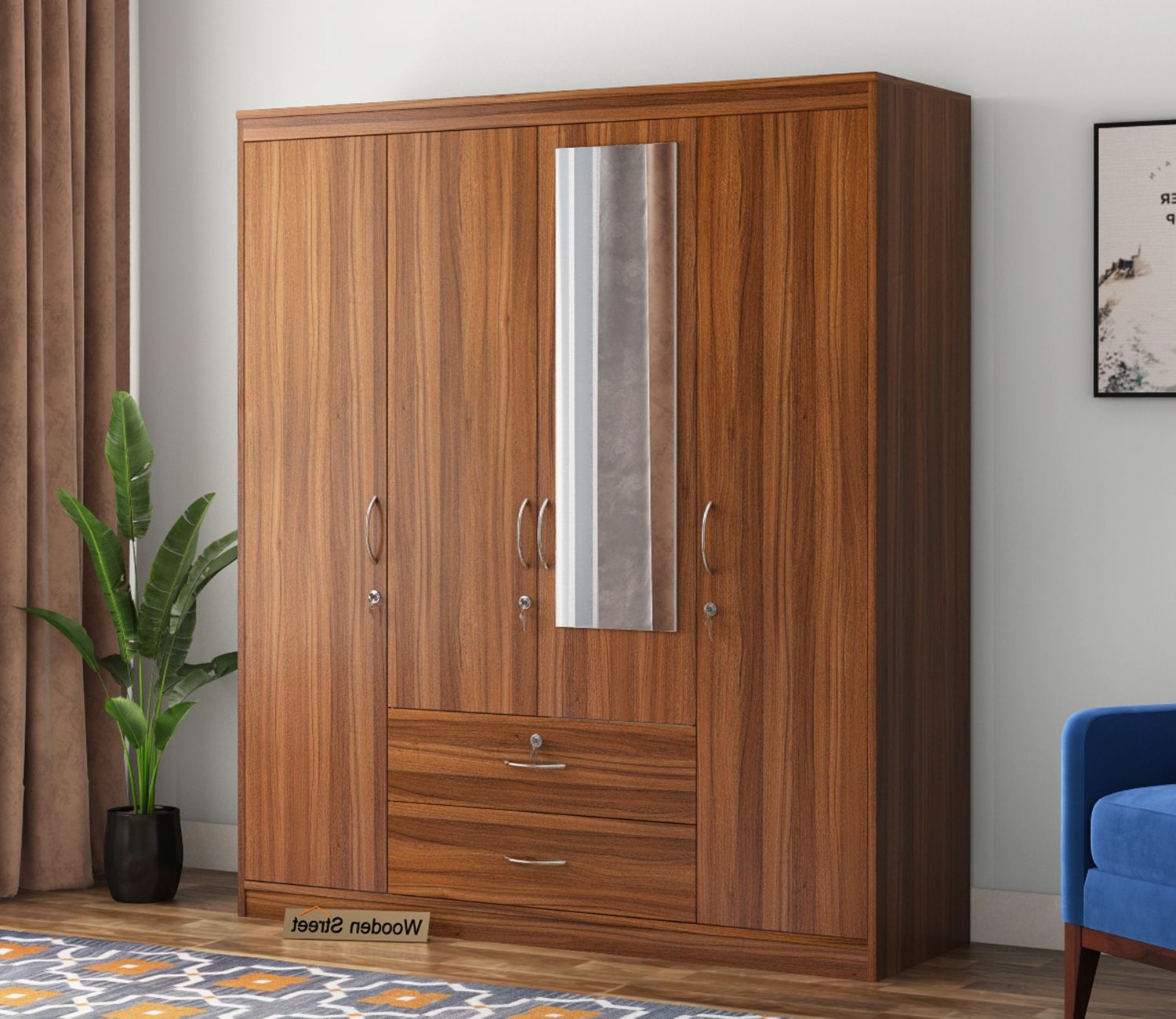 Buy Alcott 4 Door Wardrobe With Mirror (exotic Teak Finish) Online In India  At Best Price – Modern Wardrobes – Bedroom Cabinets – Storage Furniture –  Furniture – Wooden Street Product Pertaining To Cheap Wardrobes With Mirrors (View 16 of 20)