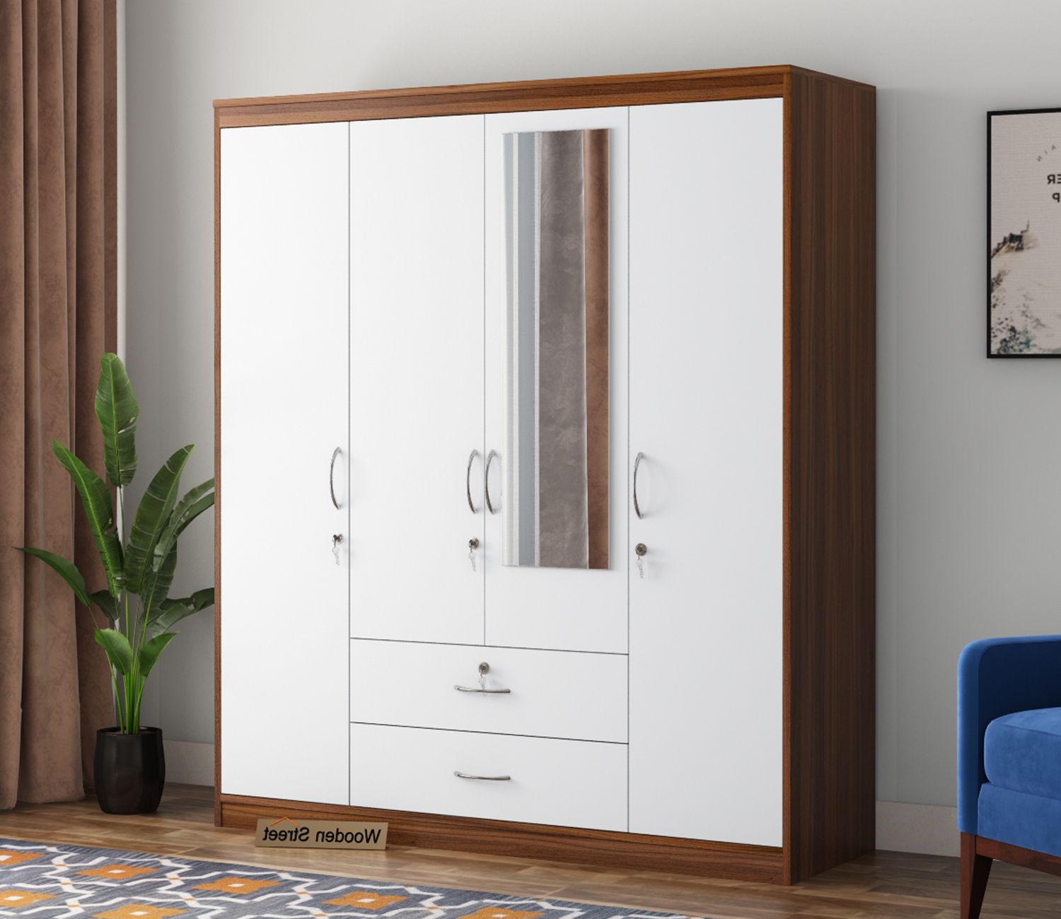Buy Alcott 4 Door Wardrobe With Mirror (exotic Teak Frosty White Finish)  Online In India At Best Price – Modern Wardrobes – Bedroom Cabinets –  Storage Furniture – Furniture – Wooden Street Product In Cheap 4 Door Wardrobes (View 3 of 20)