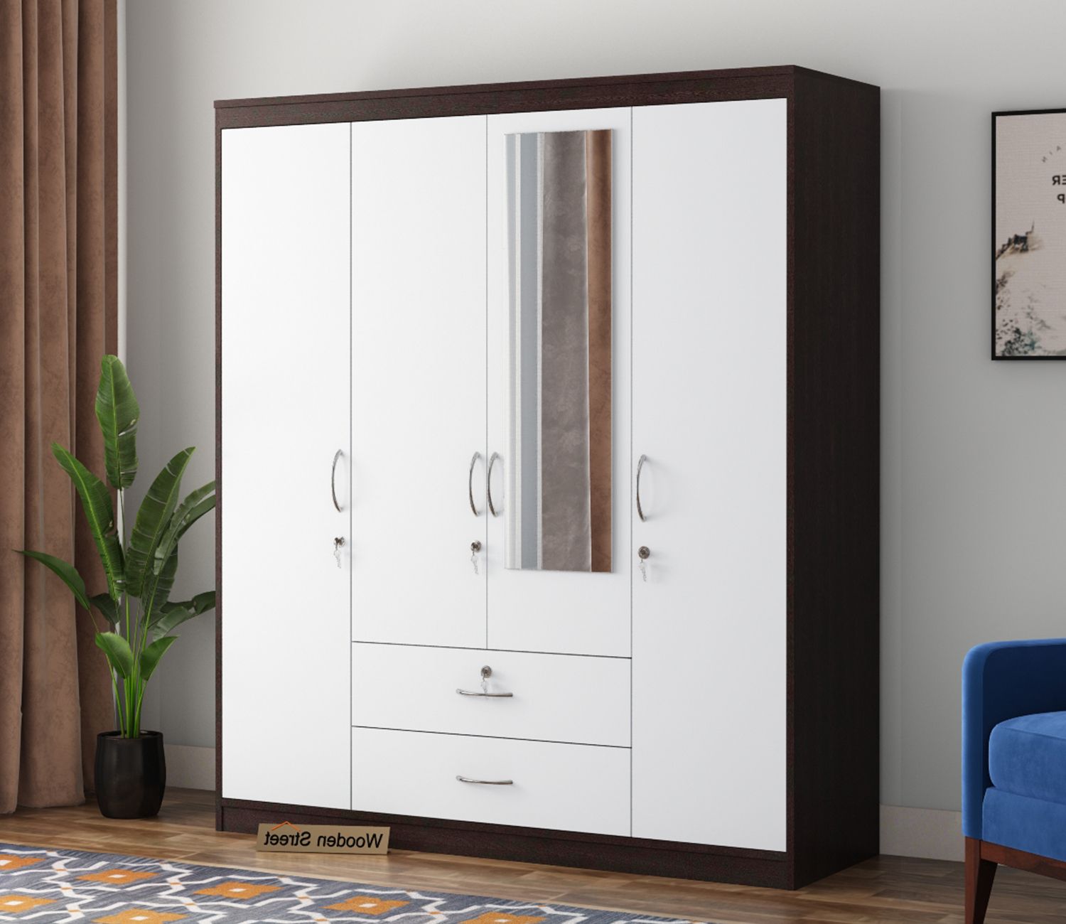 Buy Alcott 4 Door Wardrobe With Mirror (flowery Wenge Frosty White Finish)  Online In India At Best Price – Modern Wardrobes – Bedroom Cabinets –  Storage Furniture – Furniture – Wooden Street Product Throughout 4 Door White Wardrobes (Gallery 6 of 20)