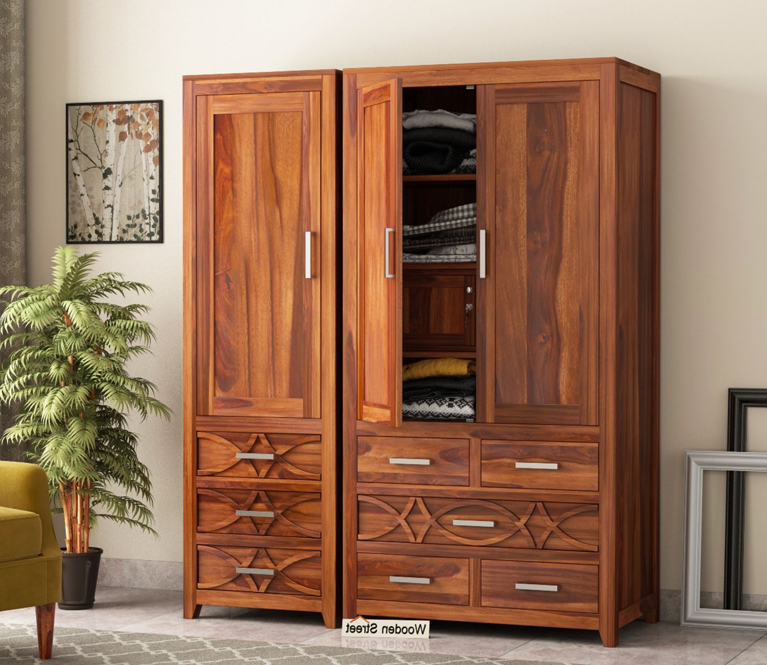 Buy Allan Sheesham Wood 3 Door Wardrobe (honey Finish) Online In India At  Best Price – Modern Wardrobes – Bedroom Cabinets – Storage Furniture –  Furniture – Wooden Street Product Pertaining To Cheap Solid Wood Wardrobes (View 17 of 20)