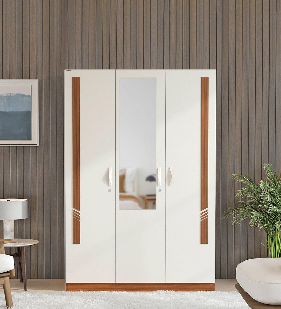 Buy Andrie 3 Door Wardrobe In Walnut & White Finish With Mirror At 24% Off Bluewud | Pepperfry In Single White Wardrobes With Mirror (View 6 of 20)