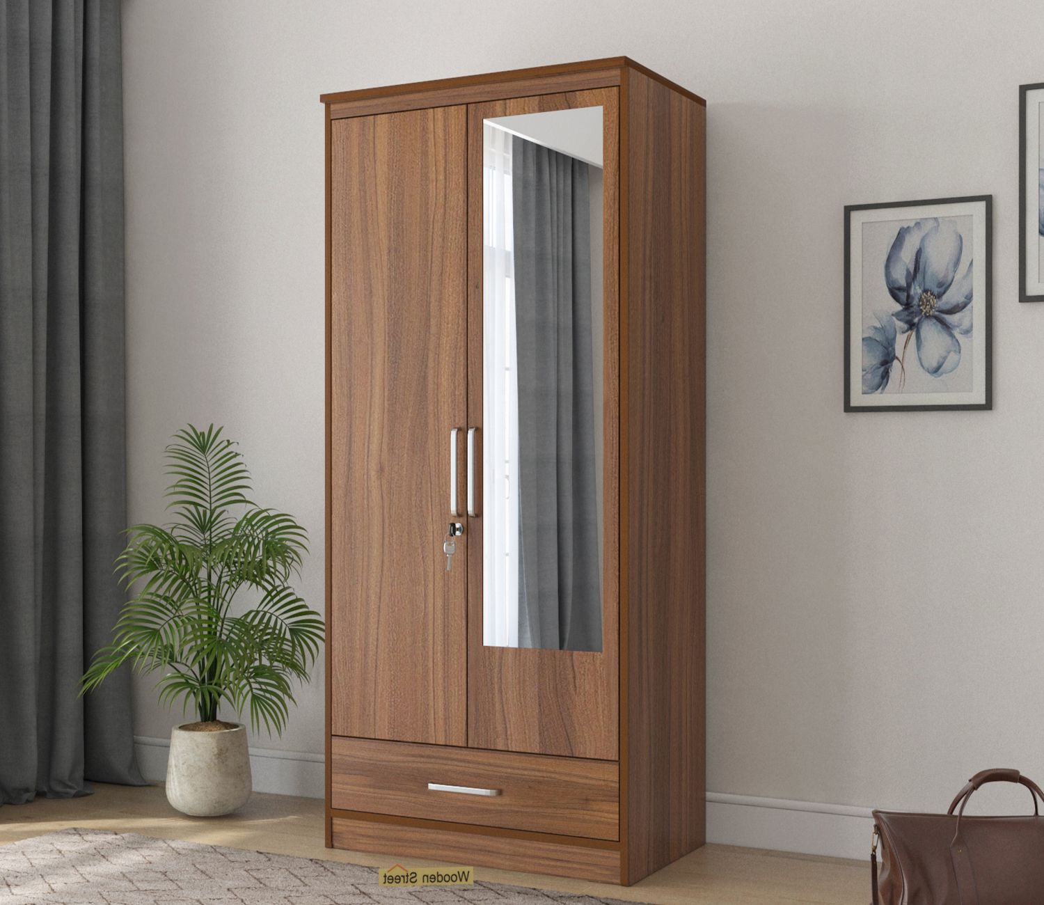 Buy Aspen 2 Door Wardrobe With Mirror And Single Drawer (exotic Teak  Finish) Online In India At Best Price – Modern Wardrobes – Bedroom Cabinets  – Storage Furniture – Furniture – Wooden Street Product Pertaining To 2 Door Wardrobes With Drawers And Shelves (View 5 of 20)