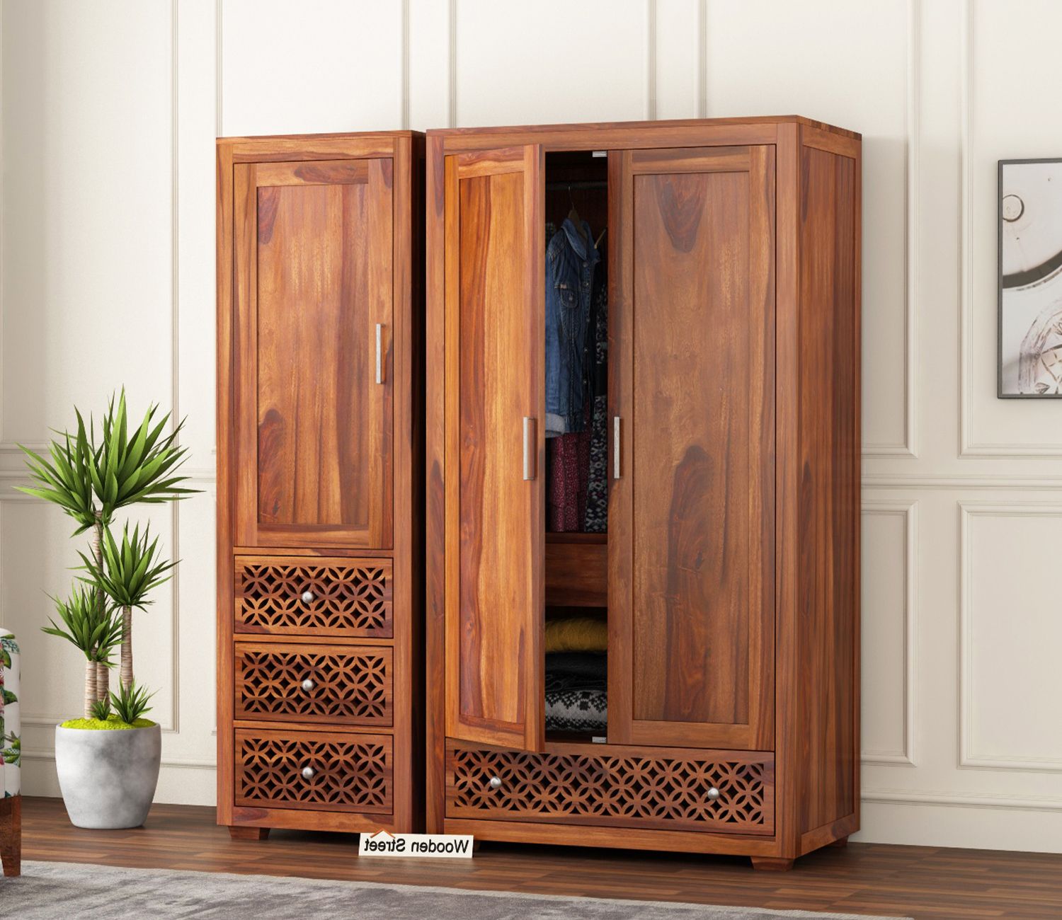 Buy Cambrey 3 Door Multi Utility Wardrobe (honey Finish) Online In India At  Best Price – Modern Wardrobes – Bedroom Cabinets – Storage Furniture –  Furniture – Wooden Street Product Throughout Wood Wardrobes (View 4 of 20)
