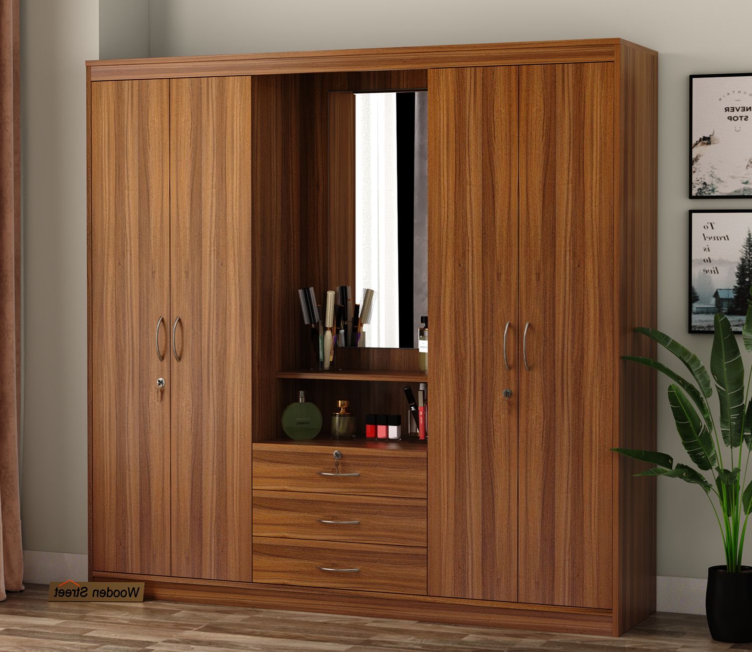 Buy Celestin Four Door Wardrobe With Dressing Table (exotic Teak Finish)  Online In India At Best Price – Modern Wardrobes – Bedroom Cabinets –  Storage Furniture – Furniture – Wooden Street Product Within Cheap Wood Wardrobes (View 8 of 20)