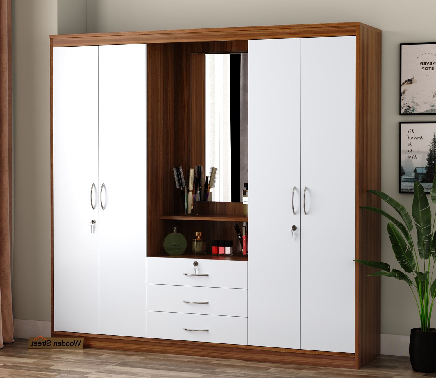 Buy Celestin Four Door Wardrobe With Dressing Table (exotic Teak Frosty  White) Online In India At Best Price – Modern Wardrobes – Bedroom Cabinets  – Storage Furniture – Furniture – Wooden Street Product Pertaining To 4 Door White Wardrobes (View 18 of 20)