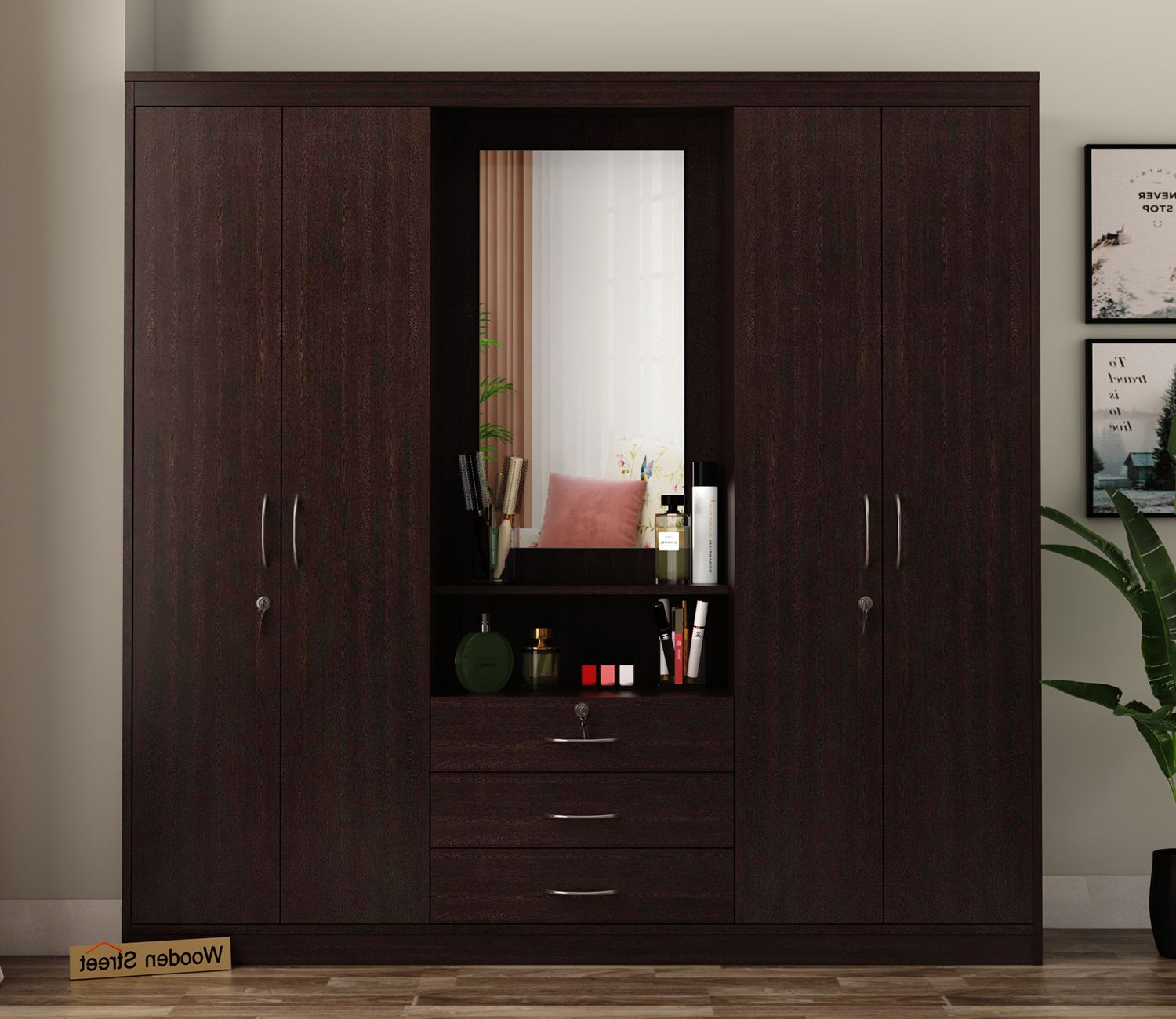 Buy Celestin Four Door Wardrobe With Dressing Table (flowery Wenge Finish)  Online In India At Best Price – Modern Wardrobes – Bedroom Cabinets –  Storage Furniture – Furniture – Wooden Street Product Throughout Wardrobes And Dressing Tables (View 16 of 20)