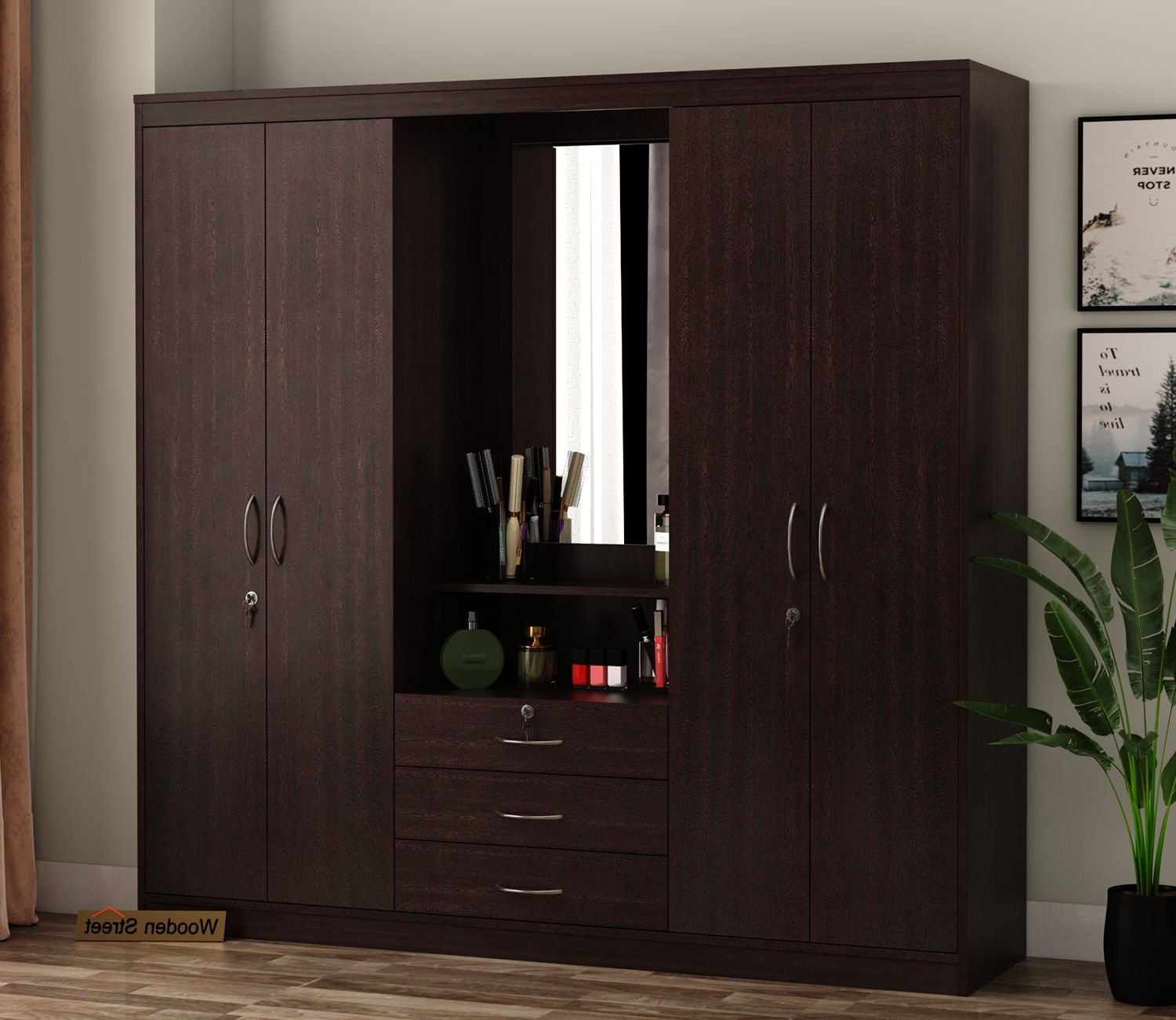 Buy Celestin Four Door Wardrobe With Dressing Table (flowery Wenge Finish)  Online In India At Best Price – Modern Wardrobes – Bedroom Cabinets –  Storage Furniture – Furniture – Wooden Street Product In Cheap 4 Door Wardrobes (Gallery 17 of 20)