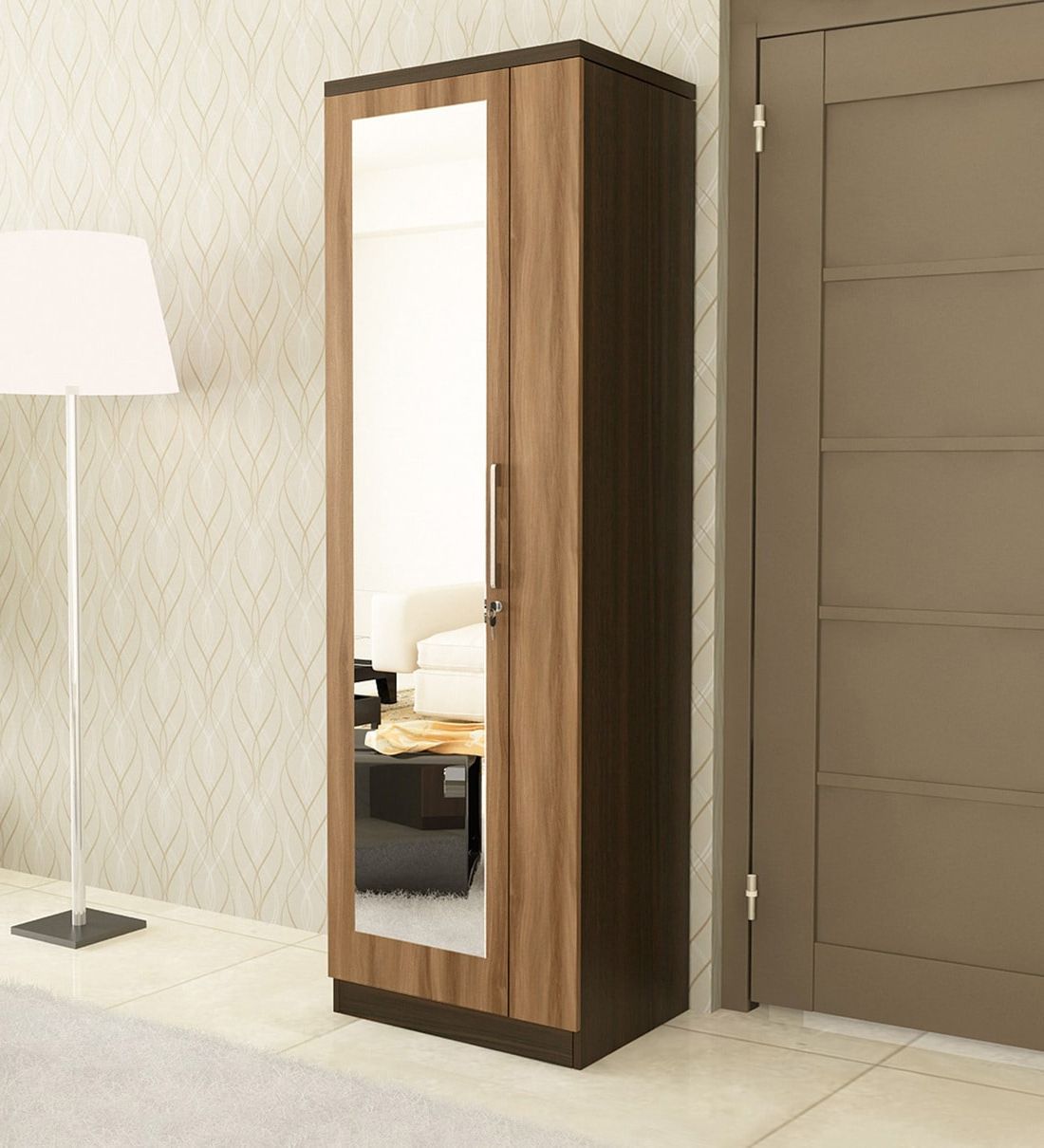Buy Kosmo Ken 1 Door Wardrobe In Walnut & Natural Wenge Finish With Mirror  At 42% Offspacewood | Pepperfry Within One Door Mirrored Wardrobes (View 13 of 20)